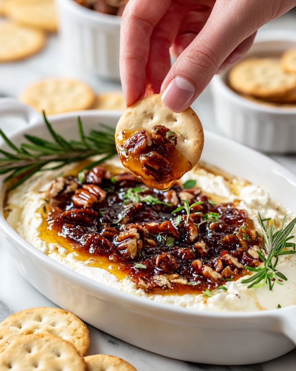 A white oval dish holds a creamy white cheese layer spread evenly as the base. On top, there is a glossy amber-colored jelly layer, slightly uneven with a few translucent patches. Scattered over the jelly are small pieces of toasted brown pecans and fresh green rosemary and thyme sprigs. To the side, on the white marbled surface, are a few round white crackers with lightly browned spots and small green herb sprigs nearby. A small white bowl filled with more pecans sits partially visible to the left. Photo taken with an iphone --ar 4:5 --v 7