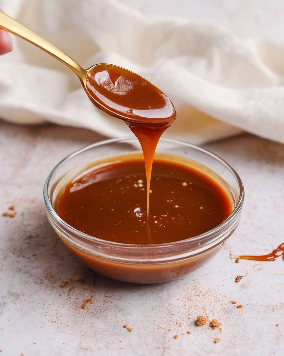 A clear glass bowl is filled with smooth, rich brown caramel sauce. A gold spoon is held above the bowl by a woman's hand, about to drip the thick caramel back into the bowl. The caramel looks glossy and thick with a few tiny bubbles on its surface. The bowl sits on a white marbled textured surface scattered with a few small crumbs. The soft folds of a white cloth are seen in the background. Photo taken with an iphone --ar 4:5 --v 7