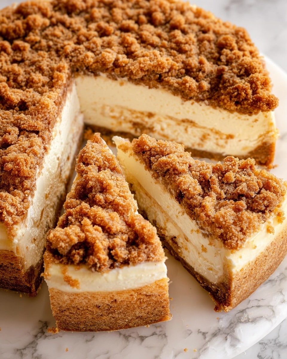 The image shows a round crumb cheesecake sliced into pieces on a white plate with a white marbled surface underneath. The cheesecake has three layers: the bottom layer is a thick, golden-brown crust, the middle layer is creamy, white cheesecake filling with some visible small chunks, and the top layer is a generous, crumbly golden brown streusel with a rough texture. The cheesecake slices are arranged to show the different layers clearly. photo taken with an iphone --ar 4:5 --v 7