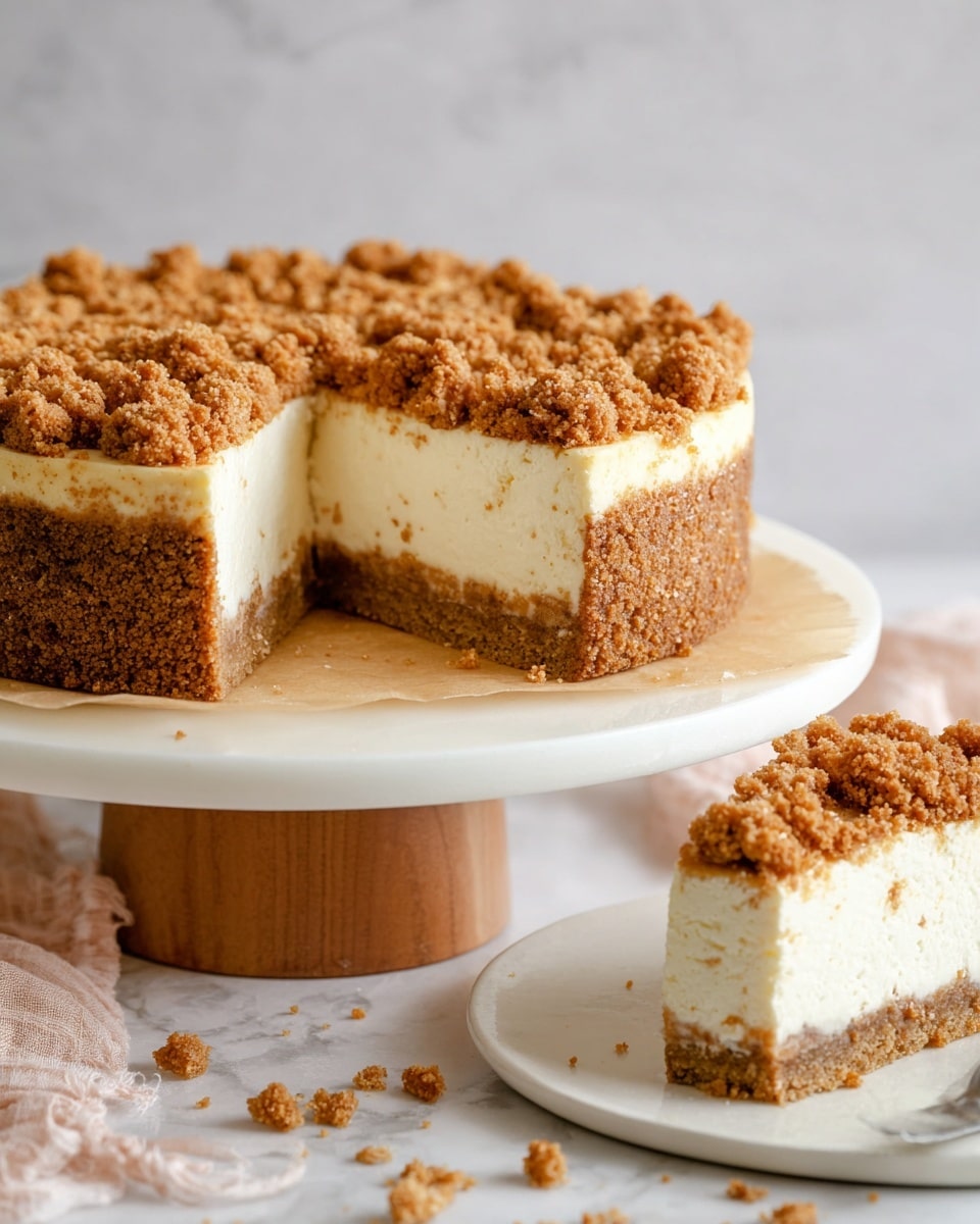 The image shows a crumb cheesecake with three visible layers standing on a white marbled surface. The bottom layer is a solid, slightly darker brown crumb crust. The middle layer is a thick, creamy white cheesecake filling with a smooth texture. The top layer is a crumbly, golden brown streusel topping, uneven with small clusters and pieces scattered. The cake is displayed on a white cake stand with a wooden base. Some crumbs are scattered around the stand and on the parchment paper beneath the cake. A slice of cheesecake is placed on a white plate beside the stand. Photo taken with an iphone --ar 4:5 --v 7
