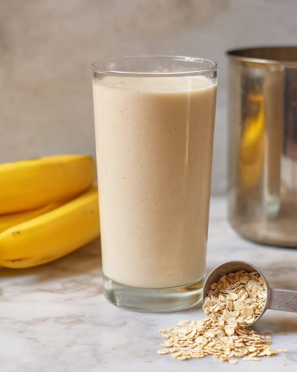 The image shows a tall clear glass filled almost to the top with a creamy light beige smoothie that has a smooth texture. Behind the glass, there are two ripe yellow bananas lying on a white marbled surface. In front of the bananas, a shiny metal measuring cup is filled with dry rolled oats, which spill slightly onto the marble. On the right side of the image, part of a reflective metal container appears, adding a shiny element to the scene. The overall color palette is light and neutral with a soft focus on the smoothie. Photo taken with an iphone --ar 4:5 --v 7
