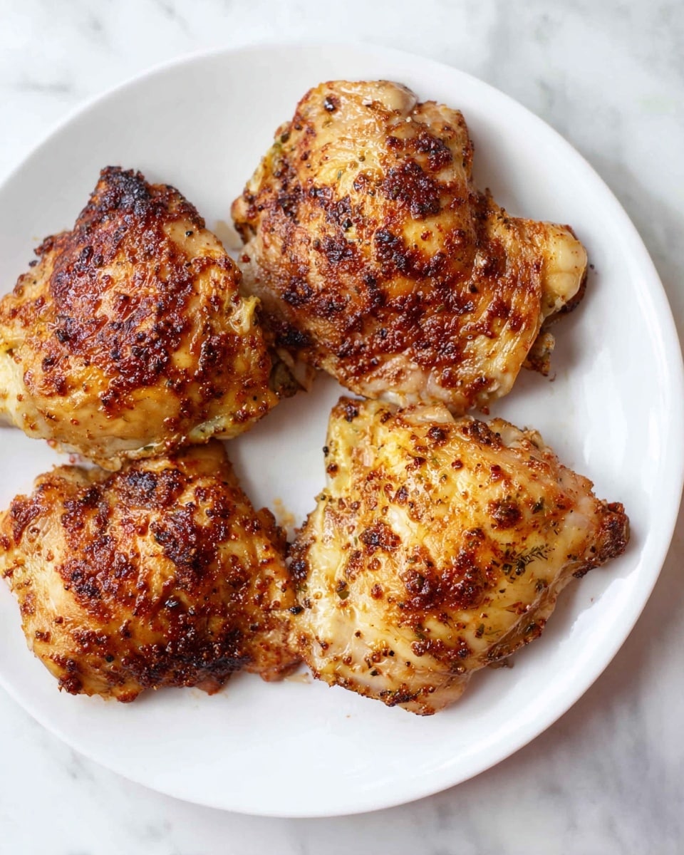 A white plate holds four pieces of cooked chicken thighs arranged in a loose square. The chicken skin is golden brown with a slightly crisp texture, speckled with darker roasted spots suggesting a blend of seasoning. Behind the plate, a black baking tray with two more pieces of chicken is slightly blurred, adding depth to the image, and a small bunch of green herbs lies on the white marbled surface. The scene is bright with natural light highlighting the golden tones of the chicken. Photo taken with an iphone --ar 4:5 --v 7