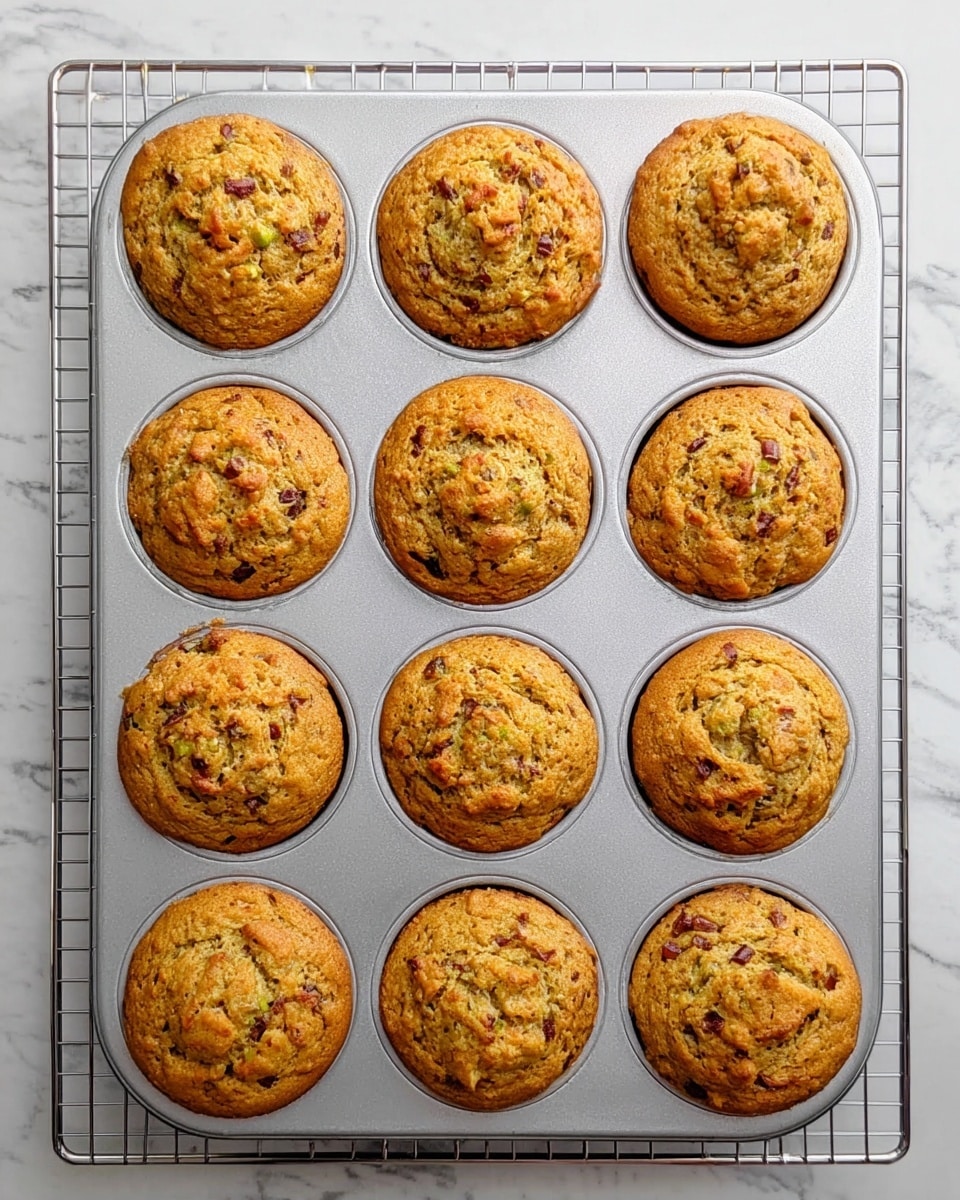 The image shows a silver muffin tray holding twelve round muffins arranged in three rows of four. Each muffin is golden brown with small visible bits of darker ingredients like nuts or fruit scattered throughout, giving a slightly textured and cracked surface. The tray is set on a white marbled surface with a silver cooling rack underneath for support. Photo taken with an iphone --ar 4:5 --v 7