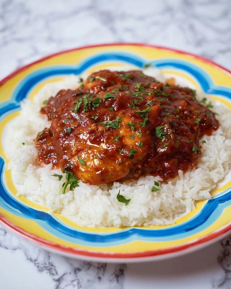 A dish with two layers is shown on a white plate with colorful blue, yellow, and red edges. The bottom layer consists of soft, fluffy white rice spread evenly across the plate. On top, there is a thick, textured layer of reddish-brown sauce covering a piece of food, possibly meat or tofu, that has a slightly shiny, moist look. The sauce has some small green herb pieces sprinkled all over, adding a fresh pop of color. The background has a white marbled texture. Photo taken with an iphone --ar 4:5 --v 7
