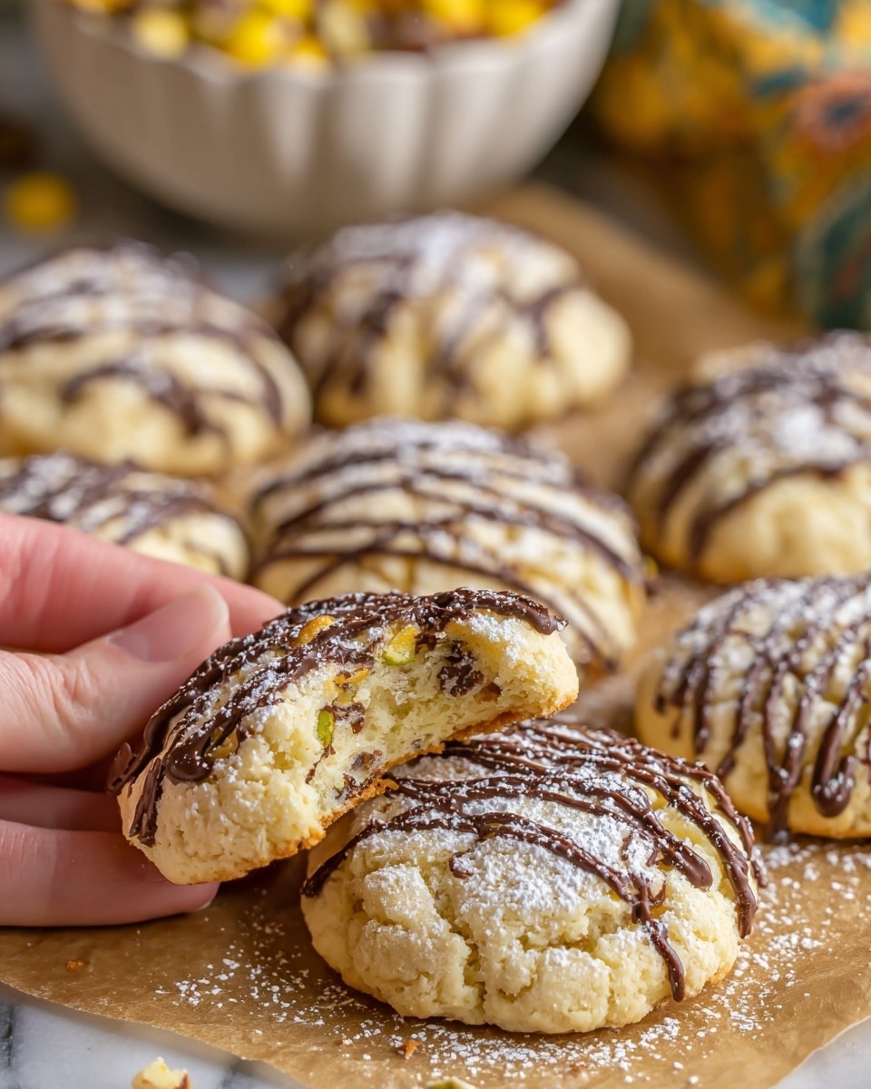 The image shows several soft cookies arranged on brown parchment paper over a white marbled surface. Each cookie is round with a slightly golden-brown top, drizzled with thin lines of dark chocolate forming a crisscross pattern. On top of the cookies, there is a light dusting of powdered sugar. One cookie in the front has a bite taken out of it, revealing a soft, light, and moist inside with visible bits of chocolate chips. A woman's hand is holding this bitten cookie gently. In the background, there is a white bowl, slightly blurred, filled with yellow and brown pieces, possibly candy or nuts. Photo taken with an iphone --ar 4:5 --v 7