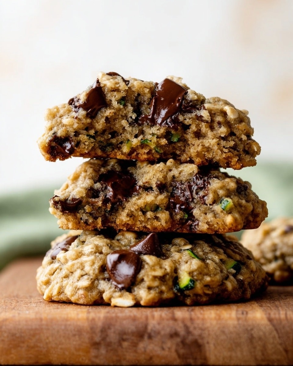 A close-up image of three stacked oatmeal chocolate chip cookies on a wooden board. The bottom cookie shows a dense texture with visible pieces of chocolate chips and oats. The middle cookie is slightly broken in half, displaying a moist inside with melted dark chocolate chunks and small green flecks, possibly herbs or zucchini. The top cookie also shows melted chocolate chips on its surface and a rough, crumbly oat texture. The background has a soft white marbled texture, and the cookies appear thick and chewy. photo taken with an iphone --ar 4:5 --v 7