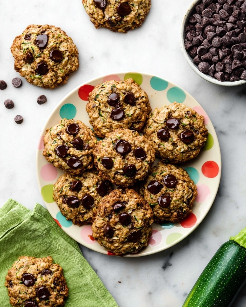 A round white plate with colorful polka dots holds seven oatmeal cookies with chocolate chips. Each cookie is brown with a rough texture from oats and bits of green from zucchini mixed inside, with shiny, dark chocolate chips spread on top. Around the plate, on a white marbled surface, there are four more cookies placed casually, one on a green cloth napkin to the bottom left. At the top right corner, there is a white bowl filled with many dark chocolate chips. A small green zucchini is placed near the bowl on the surface. The photo taken with an iphone --ar 4:5 --v 7