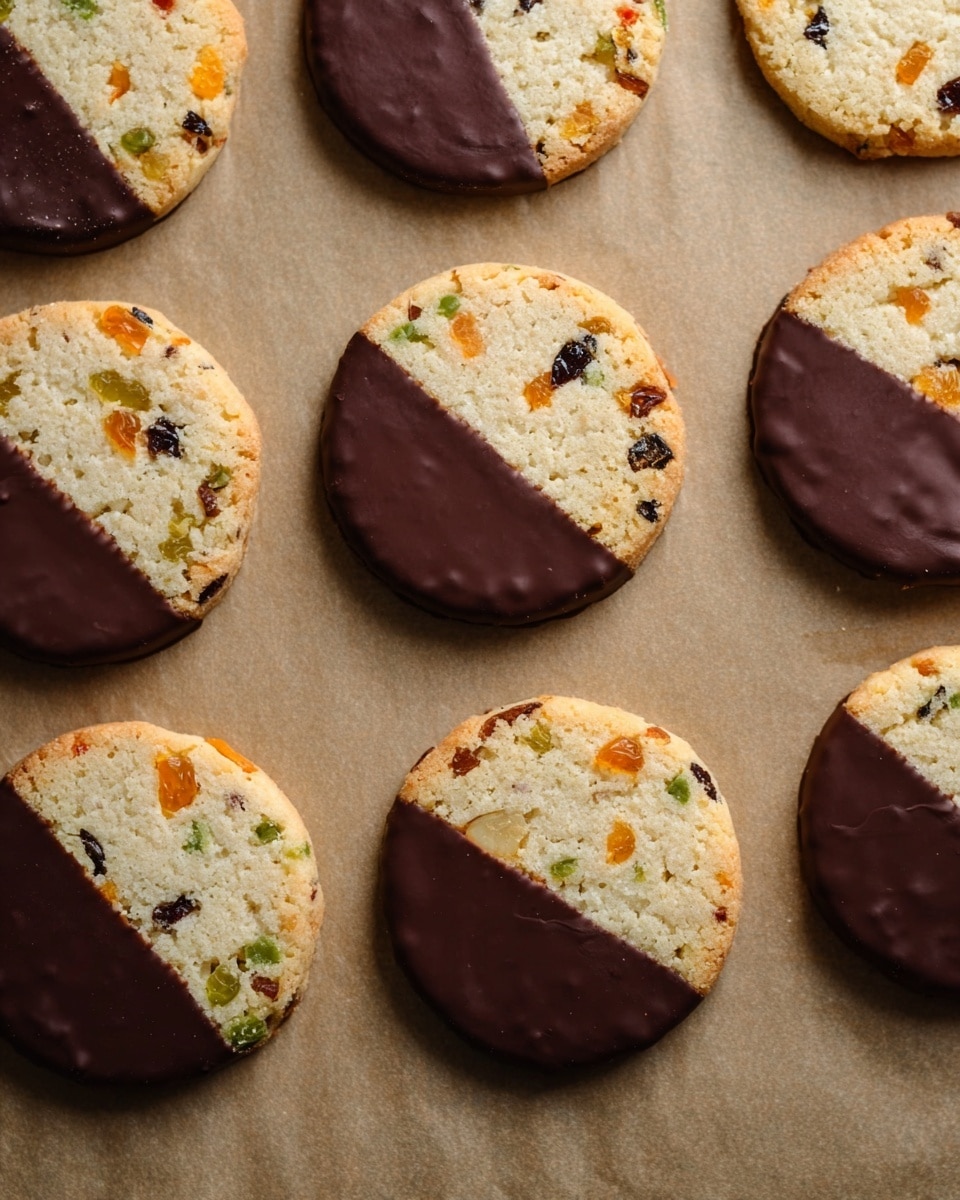 Round cookies are laid out in three rows on light brown baking paper over a white marbled surface. Each cookie has two layers of texture and color: one half is a light beige dough studded with small colorful bits of dried fruit and nuts in orange, green, and dark brown shades; the other half is smooth, shiny dark brown chocolate coating covering the bottom part, with a clean diagonal line separating the two sections. The cookies have a slightly golden edge showing they are baked, and the surface texture looks slightly crumbly on the dough part and glossy on the chocolate part. Photo taken with an iphone --ar 4:5 --v 7
