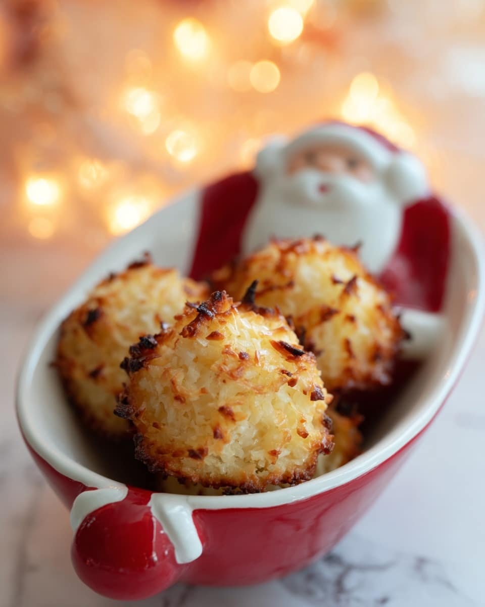 The image shows a close-up of five round coconut macaroons with a golden-brown toasted outside and a textured mix of shredded coconut. They are arranged in a row inside a white bowl shaped like Santa Claus, with the red and white colors of Santa's outfit visible around the cookies. The background has a soft, warm light and the whole setting sits on a white marbled surface. Photo taken with an iphone --ar 4:5 --v 7
