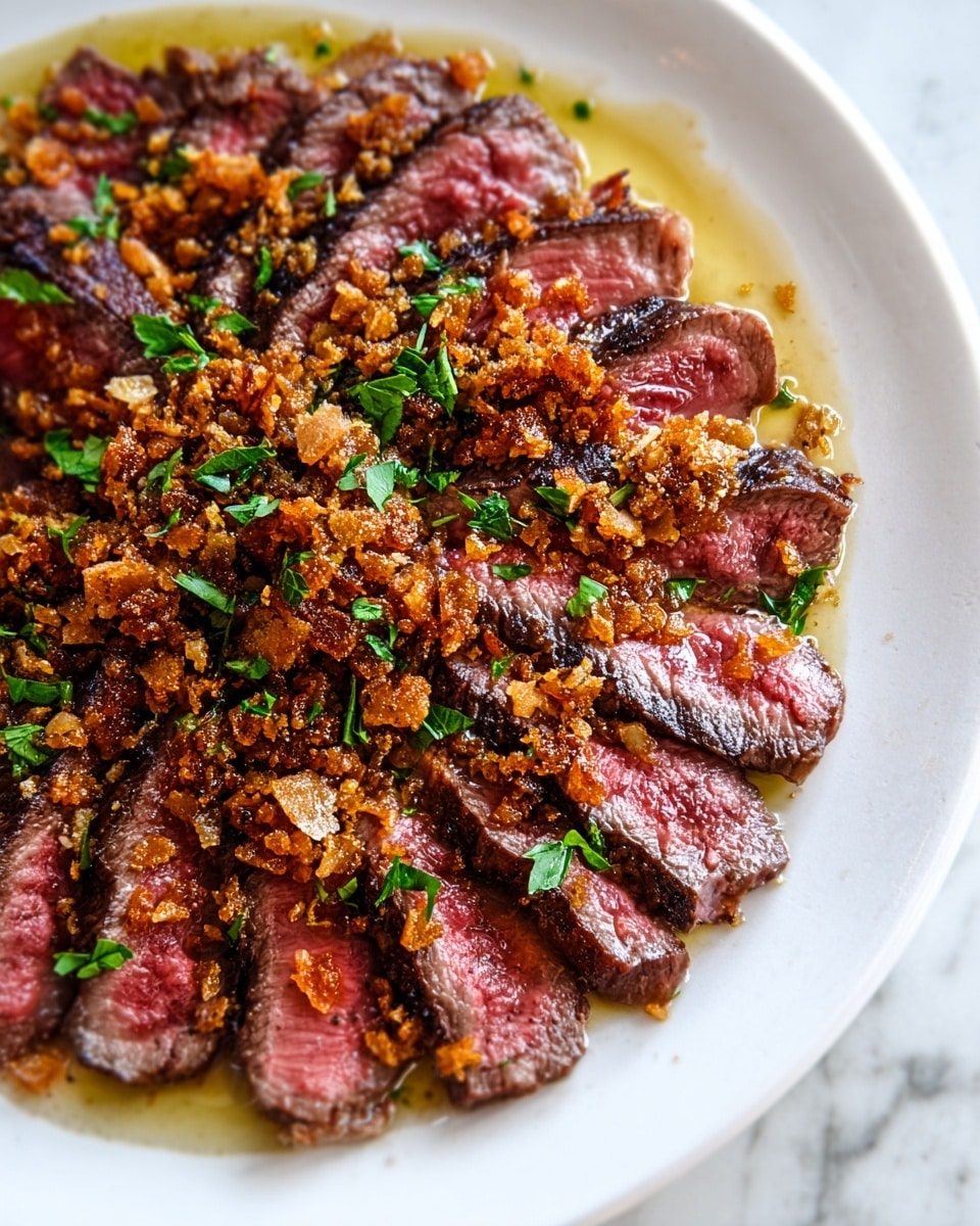 The image shows several slices of medium-rare cooked steak arranged in a slightly overlapping line on a white plate. The steak has a dark, grilled outer layer with a pinkish-red center. On top of the steak slices, there are small, golden-brown crispy bits sprinkled evenly, along with fresh green parsley pieces scattered throughout. Around the steak, there is a shallow pool of golden, oily sauce adding gloss and depth to the dish. The plate is placed on a white marbled surface. photo taken with an iphone --ar 4:5 --v 7