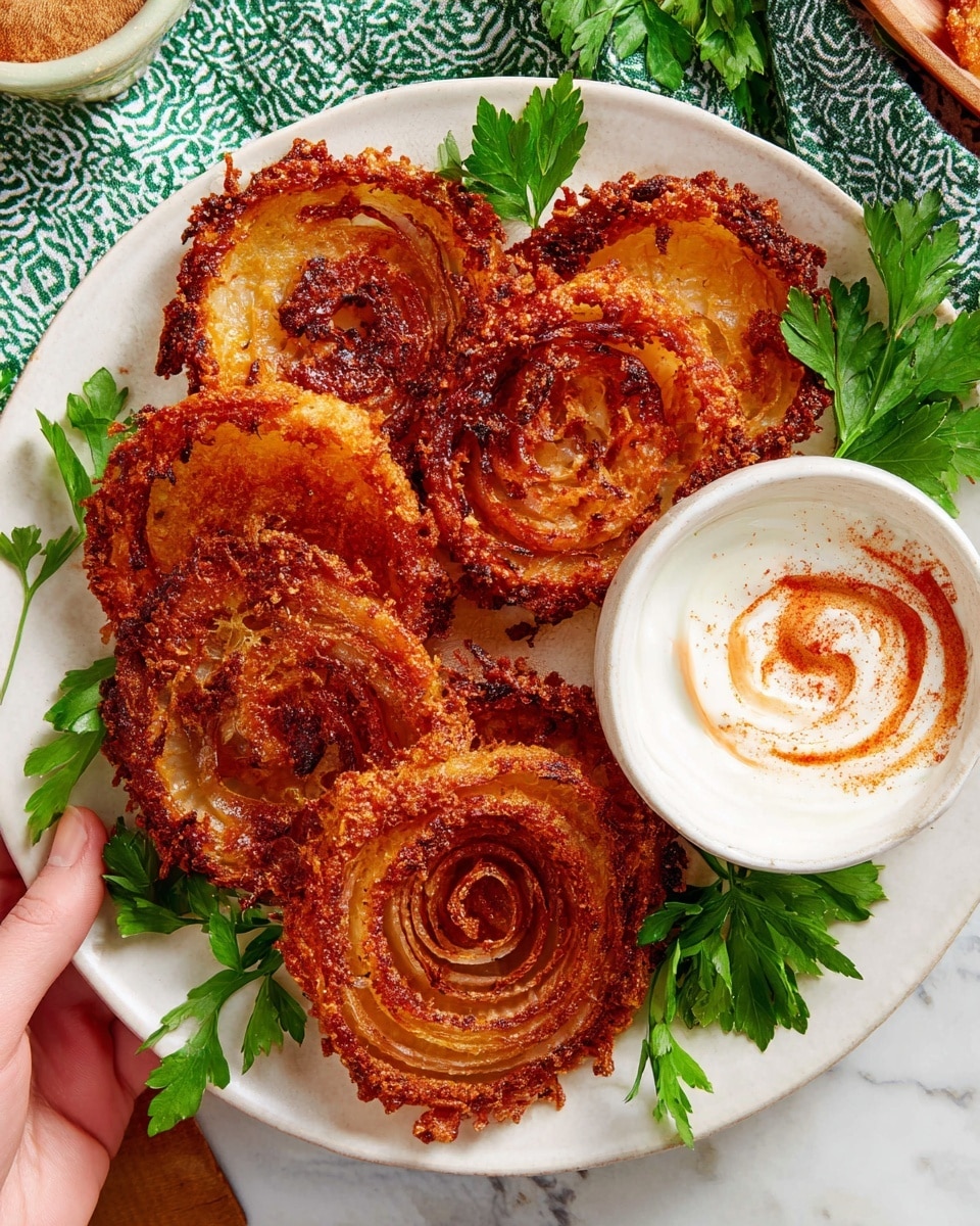 The image shows several round onion slices on a baking tray lined with parchment paper, each topped with a crispy, browned layer of melted cheese that spreads unevenly beyond the onion edges. The onions are golden to dark brown with visible caramelized rings, while the cheese layer is textured with slightly burnt, bubbly spots giving a crunchy look. The tray edge is visible on the left side, and the white marbled surface background surrounds the tray. Photo taken with an iphone --ar 4:5 --v 7
