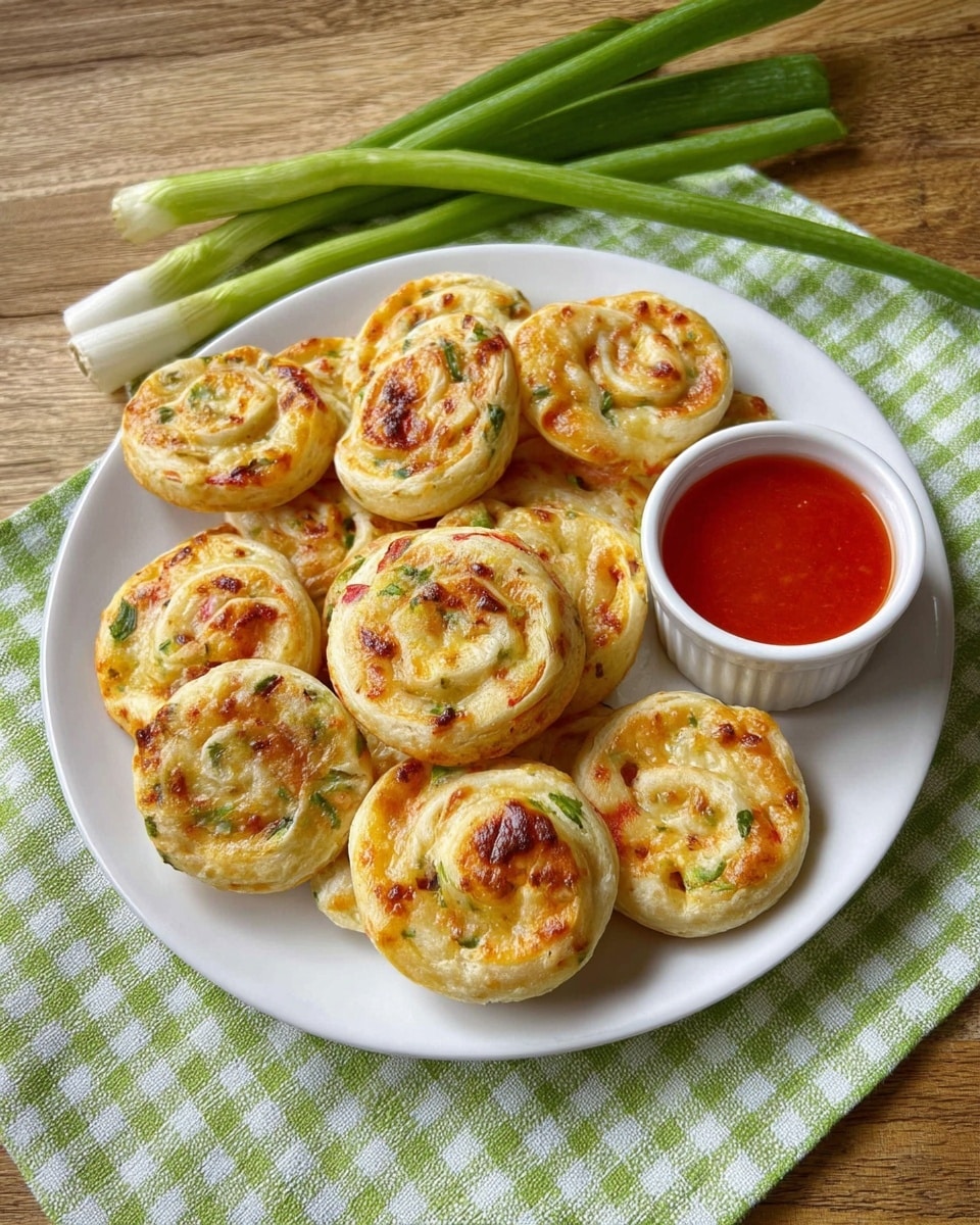 A white plate filled with about a dozen small, round, golden baked pinwheel snacks that show layers of light, flaky dough with orange spots of baked cheese and small green bits of herbs evenly spread inside each swirl. One pinwheel is held over a small white bowl filled with bright red dipping sauce by a woman's hand, with the pinwheel partially covered in the sauce. The plate sits on a green and white checkered cloth on top of a white marbled surface. At the bottom of the image, two fresh green onions lay horizontally. Photo taken with an iphone --ar 4:5 --v 7