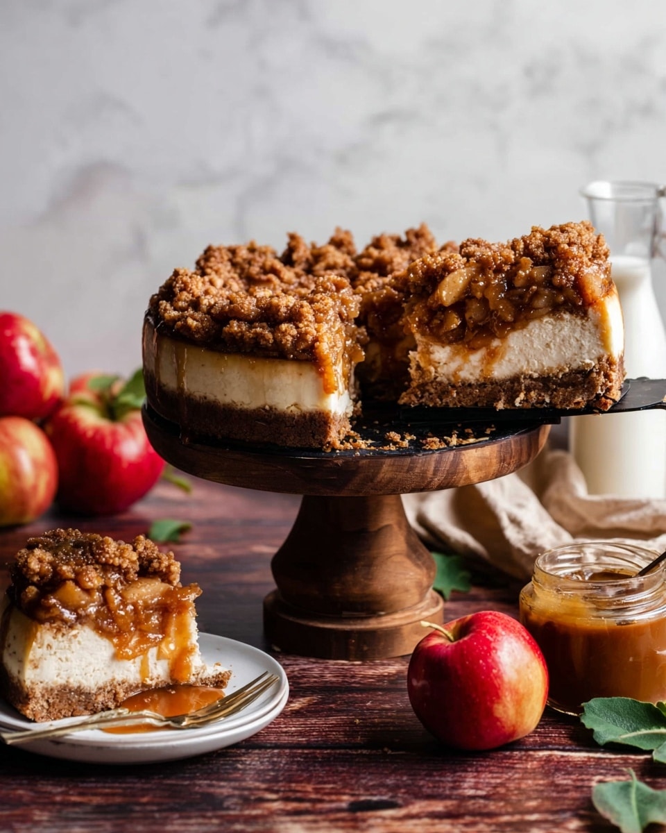 The image shows a slice of apple crumble cheesecake on a white plate with a silver fork resting beside it. The bottom layer is a crumbly brown crust, followed by a thick, creamy off-white cheesecake layer. Above this is a rich apple filling with visible pieces of apple coated in a cinnamon sauce, topped with a chunky crumble made of brown sugar and cinnamon. The crumble layer is drizzled with caramel sauce that runs down the sides of the slice. The background features red apples and a jar of caramel sauce on a white marbled surface. Photo taken with an iphone --ar 4:5 --v 7