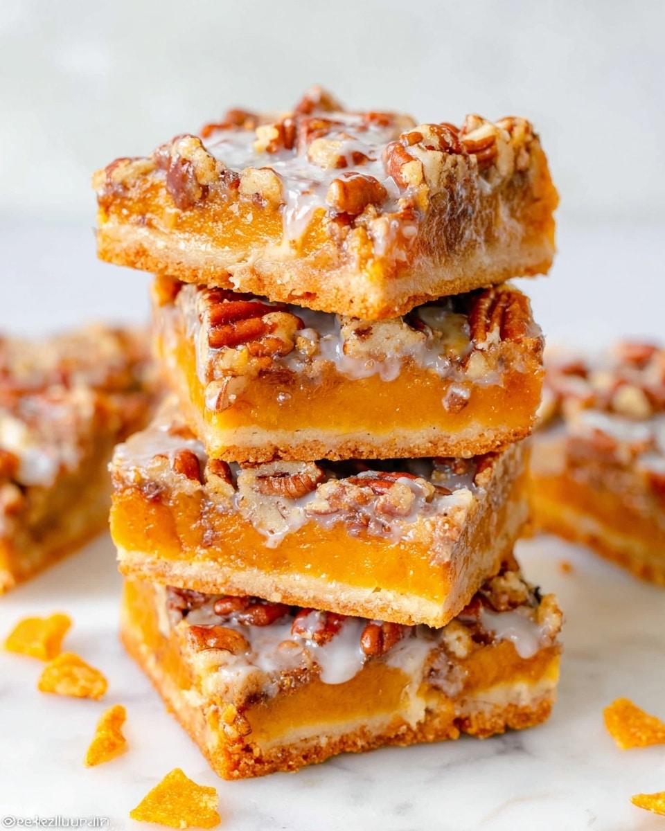 The image shows two layered dessert bars stacked on a white marbled surface. The bottom layer is a golden brown crust that looks firm and crisp. The middle layer is a rich mixture with butterscotch chips and pecan pieces, giving a warm orange and brown color with a thick texture. The top layer is a glossy, creamy drizzle that coats the surface slightly unevenly, mingling with the pecan halves that are spread all over. Around the bars, there are a few loose pecan halves and butterscotch chips scattered on the white marbled surface. In the background, there is a white glass filled with milk. photo taken with an iphone --ar 4:5 --v 7
