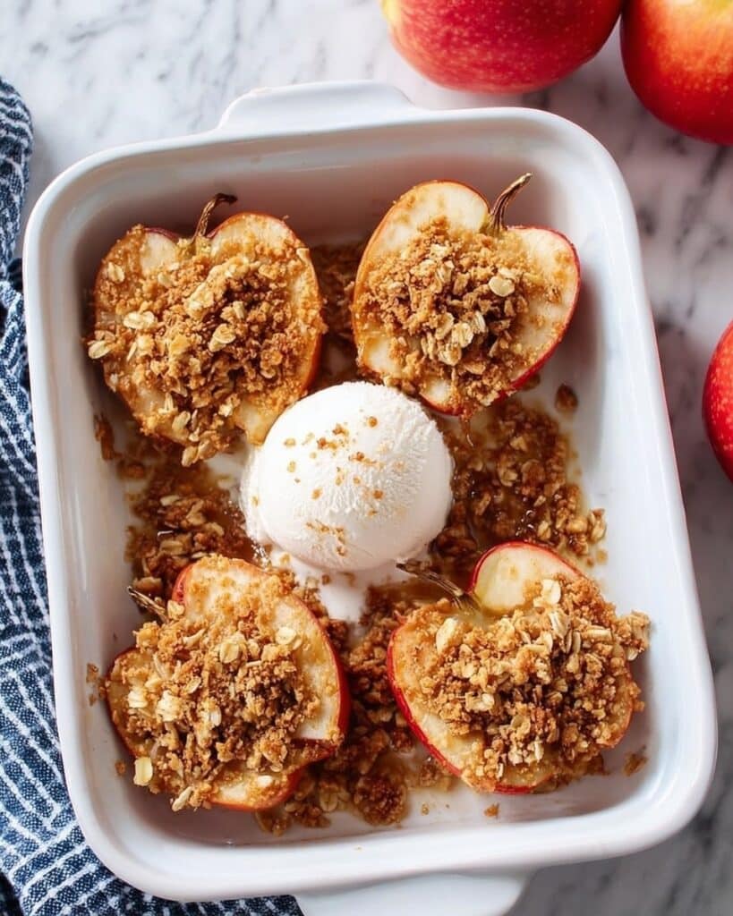 Baked Apples with Walnut Oat Topping and Vanilla Ice Cream Recipe