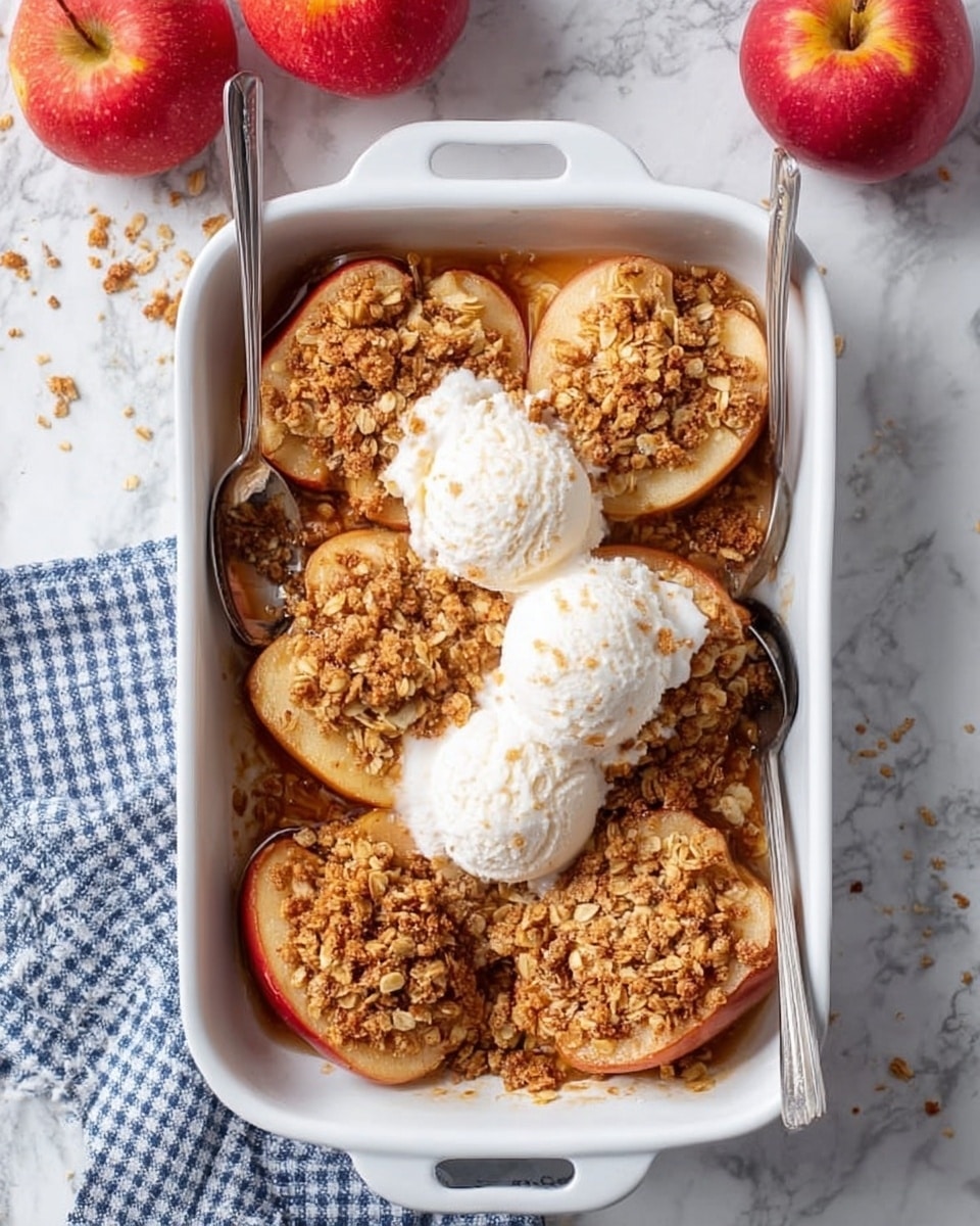 The image shows a white rectangular baking dish filled with four apple halves arranged flat side up, each topped with a crumbly oat and nut mixture that is golden brown and textured. In the center of the dish on top of the apple halves sits a smooth, round scoop of white ice cream sprinkled lightly with crumbs. This is set on a surface with a white marbled texture, with part of a blue and white checkered cloth visible on the left and two whole red apples on the right. The apple skins are red with a soft gradient into yellow near the centers, and the oat topping has a mix of small flakes and bits giving a crunchy look. photo taken with an iphone --ar 4:5 --v 7