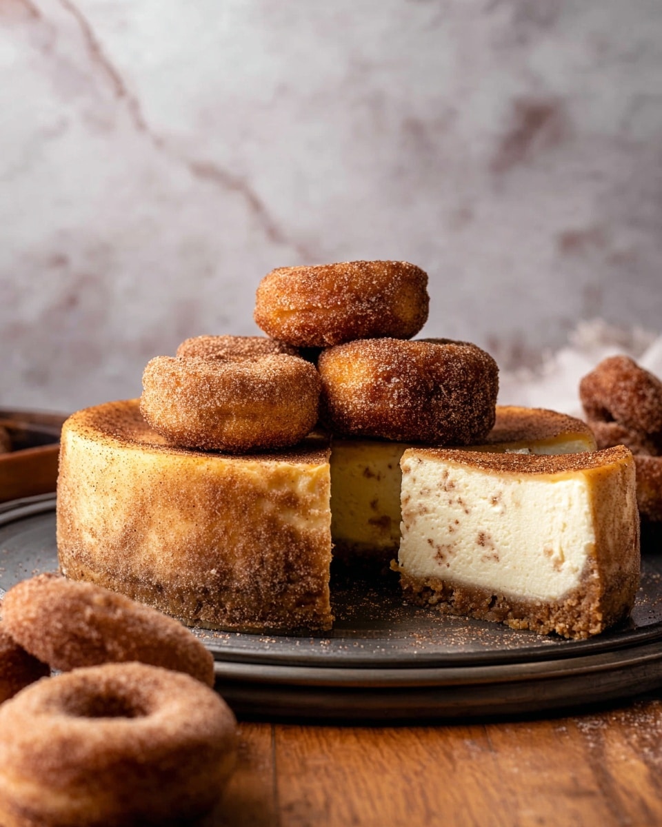 A white speckled plate holds a thick slice of cheesecake with a light brown crumb crust surrounding a creamy, pale yellow filling that shows swirls of light brown throughout. A small piece of the cheesecake has been cut and rests near the front of the plate with a silver fork placed diagonally, touching the crust. Beside the cheesecake, there is a small round donut coated in cinnamon sugar with a rough texture and a hole in the middle. In the background, there is a wooden surface with half of a yellow apple showing its pale flesh and seeds. The setting is simple, with a white marbled texture underneath. Photo taken with an iphone --ar 4:5 --v 7