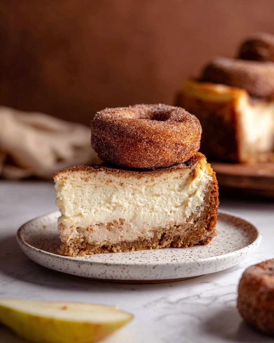 The image shows a creamy cheesecake with a light brown crumb crust evenly pressed at the bottom, topped with five mini round doughnuts covered in a cinnamon sugar coat stacked unevenly on the cake's flat surface. The cheesecake filling is pale yellow with small light brown specks inside, showing smooth and dense texture. One slice is missing from the cheesecake, revealing the thick filling and the crust under it. The scene is set on a dark round metal tray placed on a wooden table, with a few more cinnamon sugar doughnuts scattered around and a white marbled texture background. photo taken with an iphone --ar 4:5 --v 7