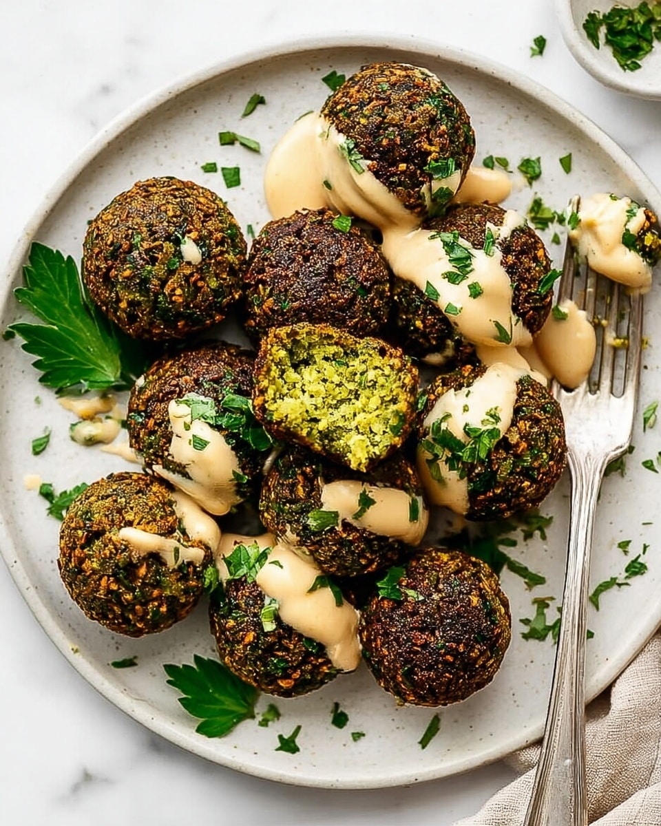 A white plate with about ten round falafel balls that have a coarse, dark brown and green textured outer layer. One falafel is broken open, showing a bright green, crumbly inside. Creamy beige sauce is drizzled over some falafels, and small green herb pieces are sprinkled on top. Fresh green parsley leaves are placed around the falafels on the plate. A silver fork rests to the right side on the plate, and the background is white marble. Photo taken with an iphone --ar 4:5 --v 7