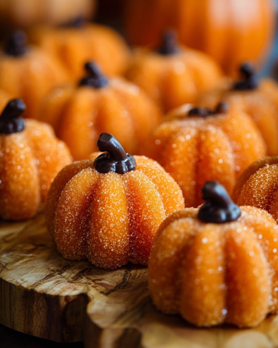 The image shows small pumpkin-shaped treats arranged on a wooden board. Each treat has an orange, sugar-coated body with several vertical grooves to mimic pumpkin ribs, topped with a single dark chocolate chip in the center as the pumpkin stem. The treats are grouped closely together in the middle and towards the back of the board, with extra chocolate chips scattered behind them. In the foreground, two sticks of cinnamon rest on the board next to the treats. A blue and white bowl with chocolate chips and a cracker sit blurred in the background along with a dark cloth featuring a white pattern. The whole scene sits on a white marbled surface. photo taken with an iphone --ar 4:5 --v 7