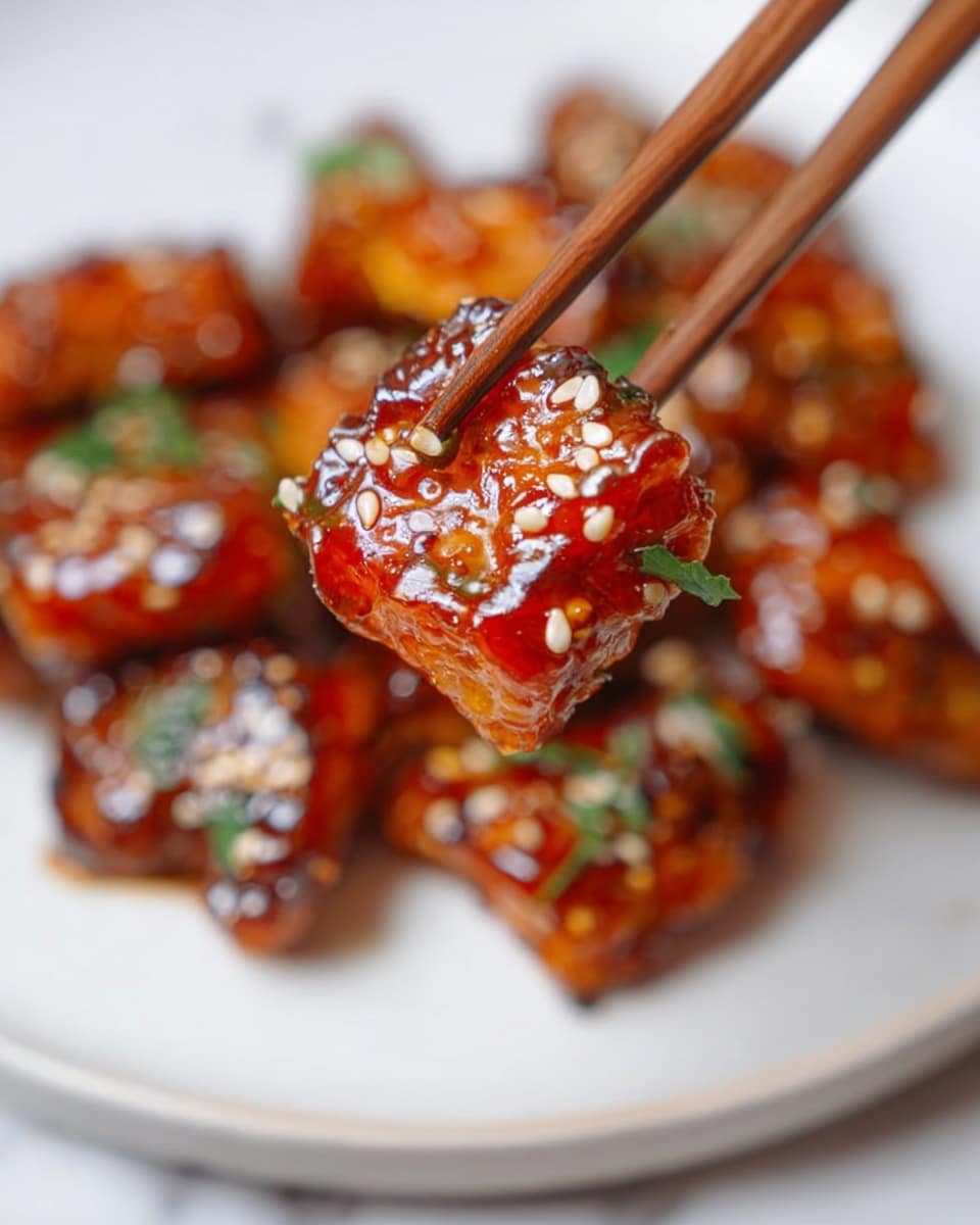 A close-up of a single glazed piece of food held by wooden chopsticks, with a shiny, sticky reddish-brown sauce coating it, sprinkled with small white sesame seeds and bits of green herbs. Below, on a white plate, more similar glazed pieces form a blurry background with the same shiny sauce and scattered green herbs. The plate is placed on a white marbled surface. Photo taken with an iphone --ar 4:5 --v 7