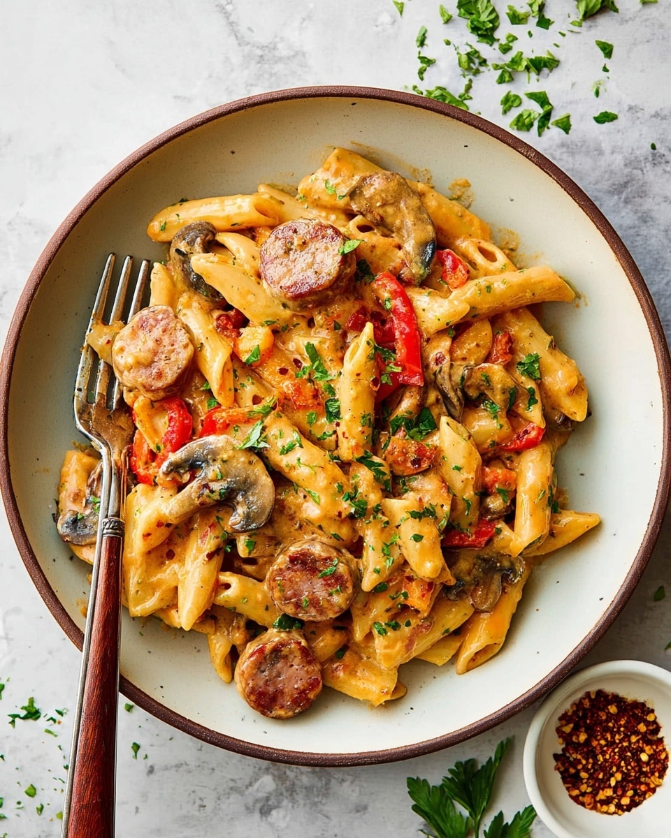 A white plate on a white marbled surface holds a single layer of penne pasta mixed with slices of browned sausage rounds and thin red pepper strips. The pasta is coated in a creamy light orange sauce, with small green herb pieces sprinkled on top. A silver fork and spoon rest on the left side of the plate, and a woman's hand is holding the fork. The overall look is warm and inviting, with a mix of creamy and textured elements. photo taken with an iphone --ar 4:5 --v 7