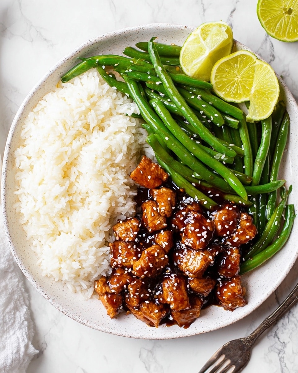 A white bowl with a blue rim holds three main layers: in the background, fluffy white rice takes up the top third; in the middle, a glossy dark brown saucy chicken with sesame seeds scattered on top fills most of the bowl; in the foreground, bright green beans lay neatly on the right side beside the chicken. A silver fork pierces a piece of the saucy chicken in the center, showing its textured surface. The bowl sits on a white marbled surface with scattered sesame seeds visible, photo taken with an iphone --ar 4:5 --v 7