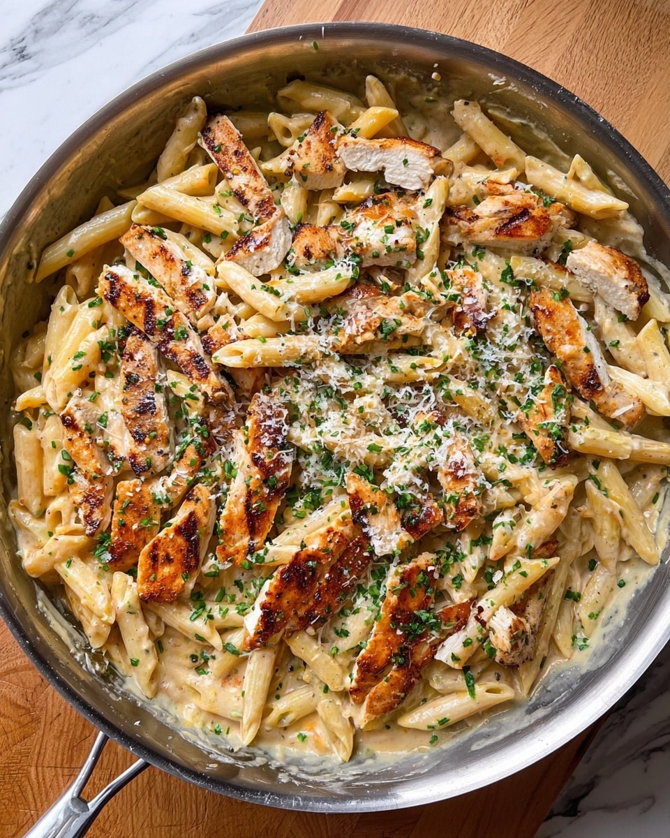 A large metal pan filled with creamy pasta and grilled chicken strips. The pasta, light yellow penne, forms the base layer, coated in a smooth, beige sauce. On top, medium-sized pieces of grilled chicken with a browned and slightly charred outer surface are scattered evenly. The dish is sprinkled with finely chopped green herbs and a light dusting of grated white cheese, adding texture and color contrast. The pan rests on a wooden surface with a white marbled background. Photo taken with an iphone --ar 4:5 --v 7