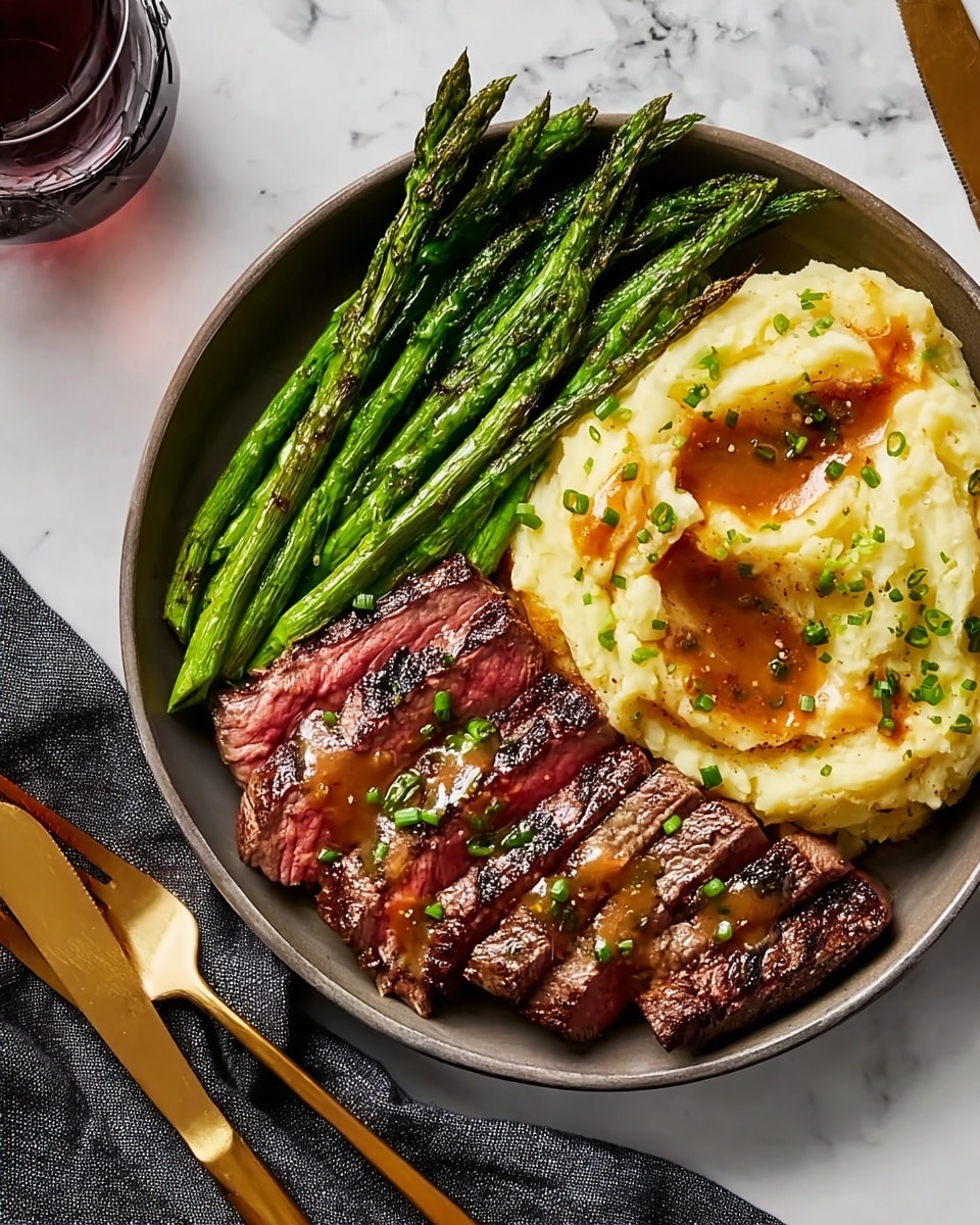 Bavette Steak with Roasted Garlic Pan Sauce and Creamy Mashed Potatoes Recipe - Recipe Image