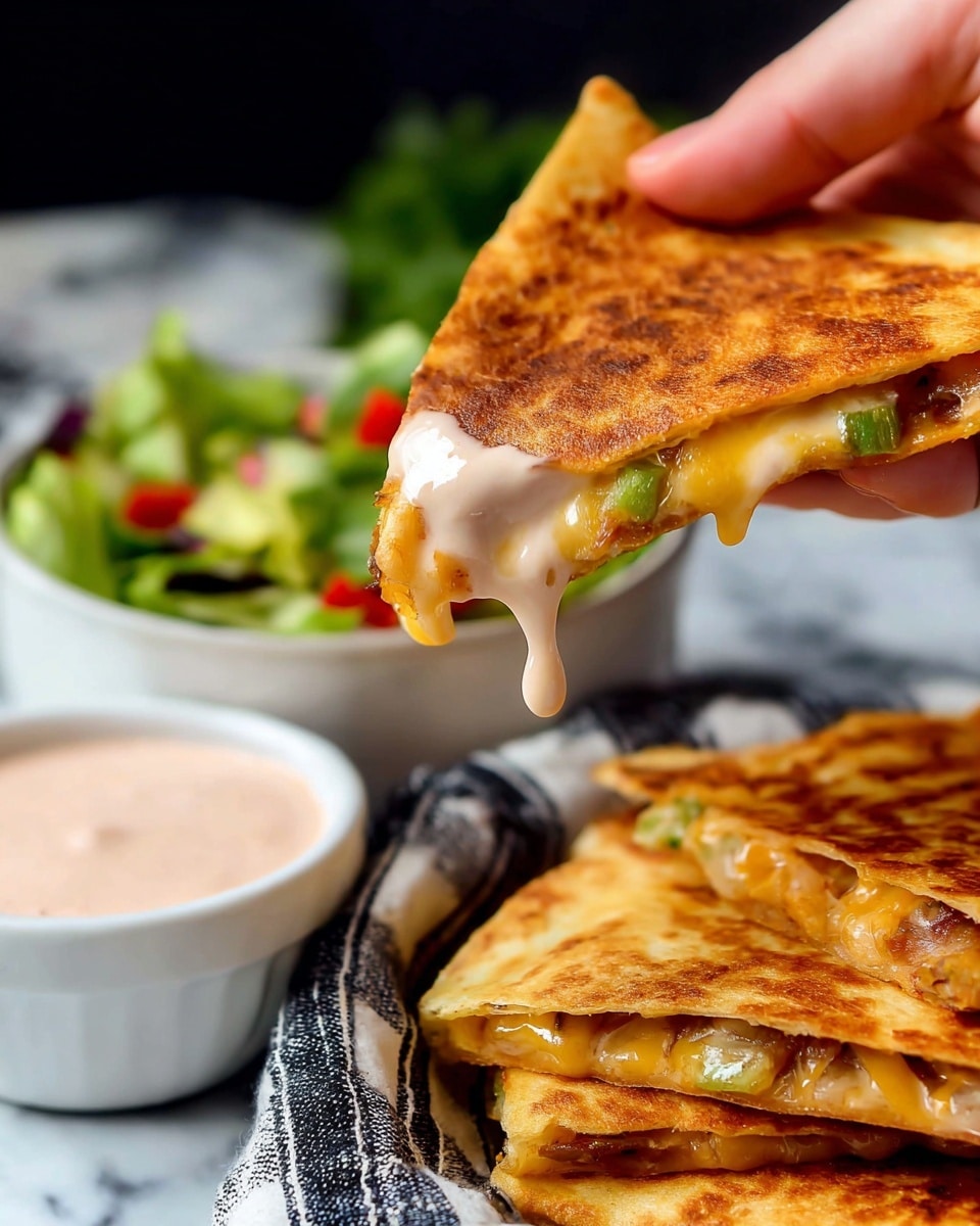 A close-up of a woman's hand holding a golden brown, crispy quesadilla triangle filled with melted cheese and bits of green vegetables, with some creamy, light pink sauce dripping from the edge. Behind it, there is a white bowl of the same pink sauce placed on a black and white striped cloth. To the right, a stack of quesadilla triangles with the same golden crust and melted filling is partly visible. In the background, a white bowl filled with a colorful mixed salad of green leaves and red pieces sits on a white marbled surface. The photo taken with an iphone --ar 4:5 --v 7