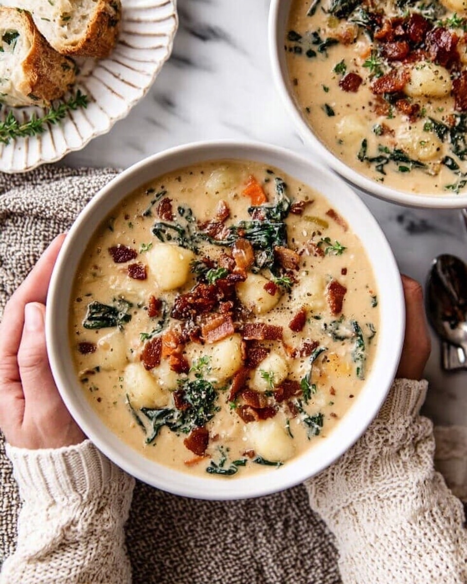 A white bowl filled with thick, creamy soup containing small gnocchi pieces, dark green kale bits, and orange carrot slices all mixed in a pale yellow broth. Crispy brown bacon pieces and small green herb sprigs are scattered on top for garnish. A silver spoon rests in the bowl on the right side. The bowl sits on a gray and white textured cloth over a white marbled surface, with small pieces of bread visible next to the bowl. In the background, there are two partial views of smaller white bowls containing the same soup. photo taken with an iphone --ar 4:5 --v 7