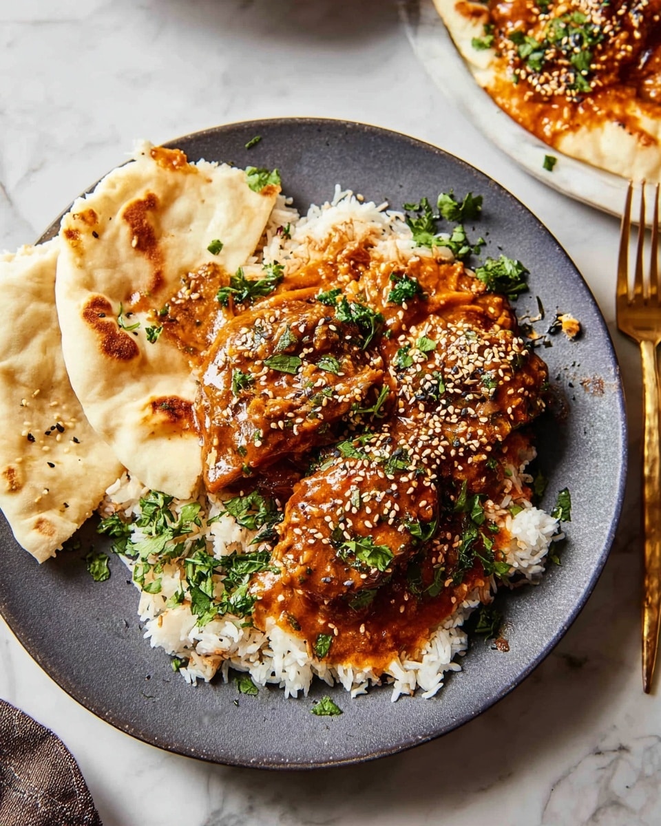 A round gray plate holds a layered dish starting with a base of white rice, topped with three large pieces of brown cooked meat covered in thick orange-brown sauce sprinkled with sesame seeds. Fresh green chopped herbs are scattered over the meat and rice. On the left side of the plate, two pieces of white flatbread rest partially folded, also touched by the sauce. The plate sits on a white marbled surface, with part of another white plate seen in the background containing more flatbread and sauce, along with a gold fork. Photo taken with an iphone --ar 4:5 --v 7