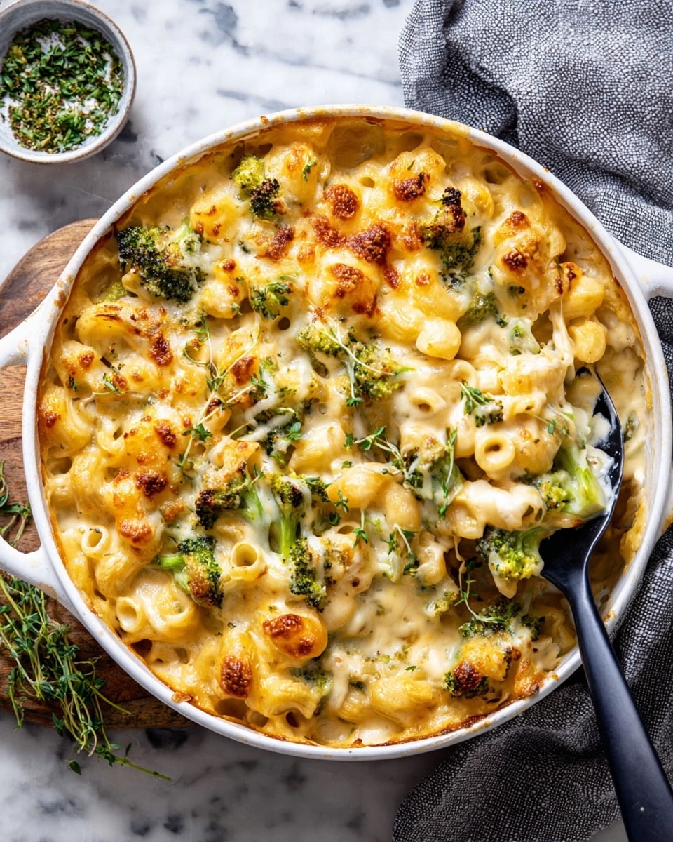 A close-up of a white cooking dish filled with baked macaroni and cheese mixed with broccoli pieces. The dish has one main layer of creamy pasta with a melted cheese topping that is golden and bubbly in spots. Sprigs of fresh green herbs are scattered on top as garnish, adding a touch of freshness and color. A silver spoon is dipped into the dish, scooping some of the cheesy pasta and broccoli. The dish is placed on a white marbled surface with a small white plate holding more herbs in the background. Photo taken with an iphone --ar 4:5 --v 7