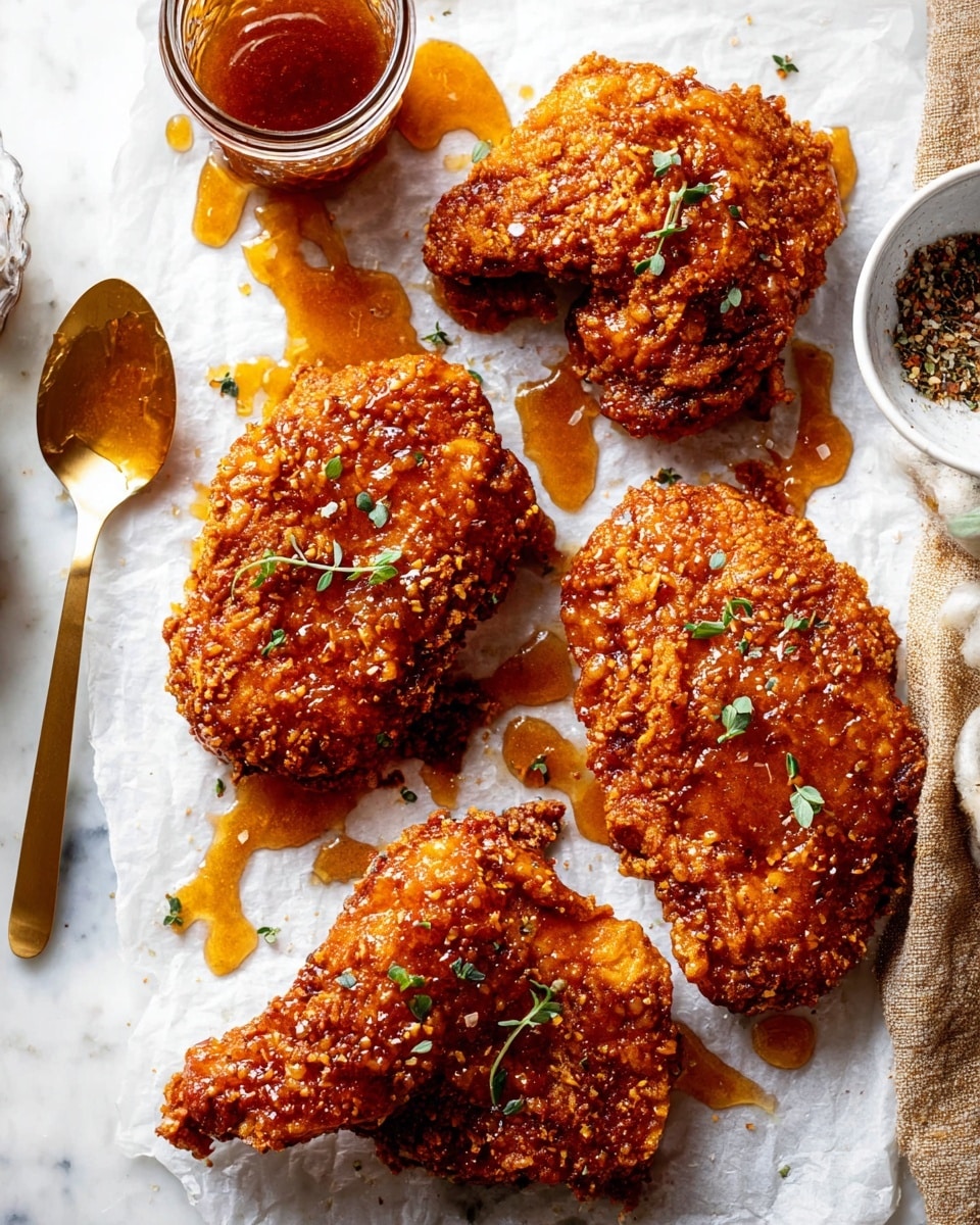 Several pieces of crispy fried chicken are placed on white parchment over a white marbled surface. The chicken has a golden-brown crunchy coating with a rough texture and is lightly drizzled with a shiny amber sauce, which pools in small droplets around the pieces. Tiny green herb leaves are scattered on top of the chicken and the surface. A gold spoon with some of the sauce rests near the top left corner next to a glass jar filled with the same sauce. To the right edge, part of a white bowl with some seasoning and garnished with herbs is visible. photo taken with an iphone --ar 4:5 --v 7