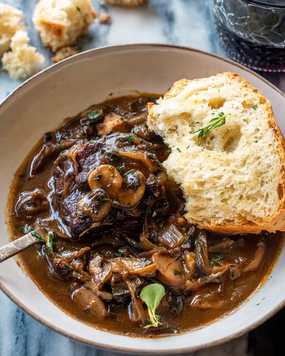 A black cast iron skillet filled with four golden-brown cooked chicken pieces, each topped with caramelized onions and fresh green herbs. The chicken rests in a thick brown sauce mixed with sautéed mushrooms and onions, creating a rich texture. A silver spoon lies in the sauce, partially under one chicken piece. Around the skillet, there is a white marbled surface with torn pieces of crusty bread and a clear textured glass of white wine. A striped cloth is partially visible under the skillet. photo taken with an iphone --ar 4:5 --v 7
