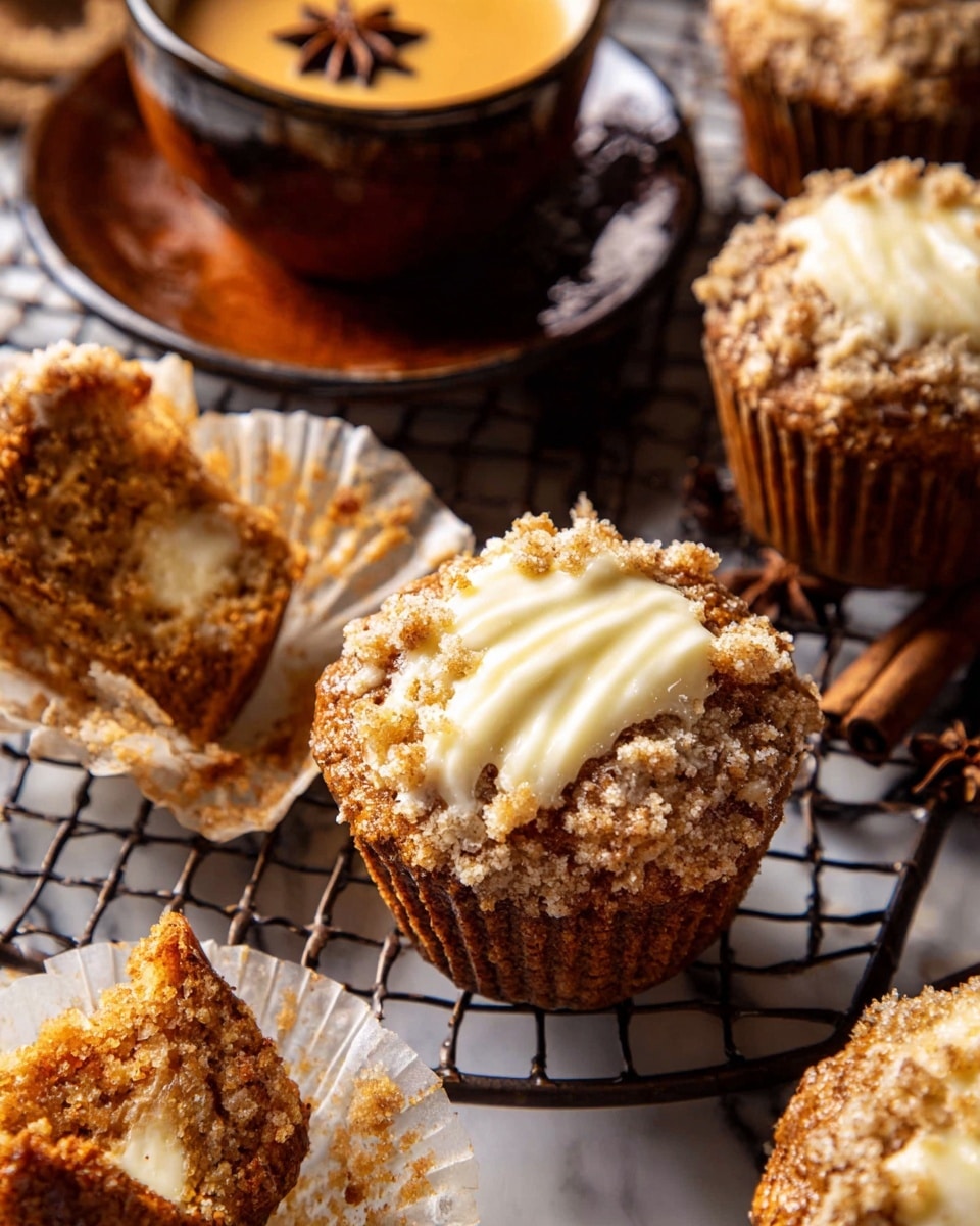 A close-up view of several muffins with a golden brown textured top sprinkled with small crumbs and a creamy off-white swirl of icing in the center. The muffins are placed on a dark wire cooling rack over a white marbled surface. One muffin has its white paper liner partially peeled away, revealing the soft inside. In the background, there is a dark amber cup filled with a creamy light brown drink, topped with a star anise spice floating on the surface, and a matching saucer beneath it. Photo taken with an iphone --ar 4:5 --v 7