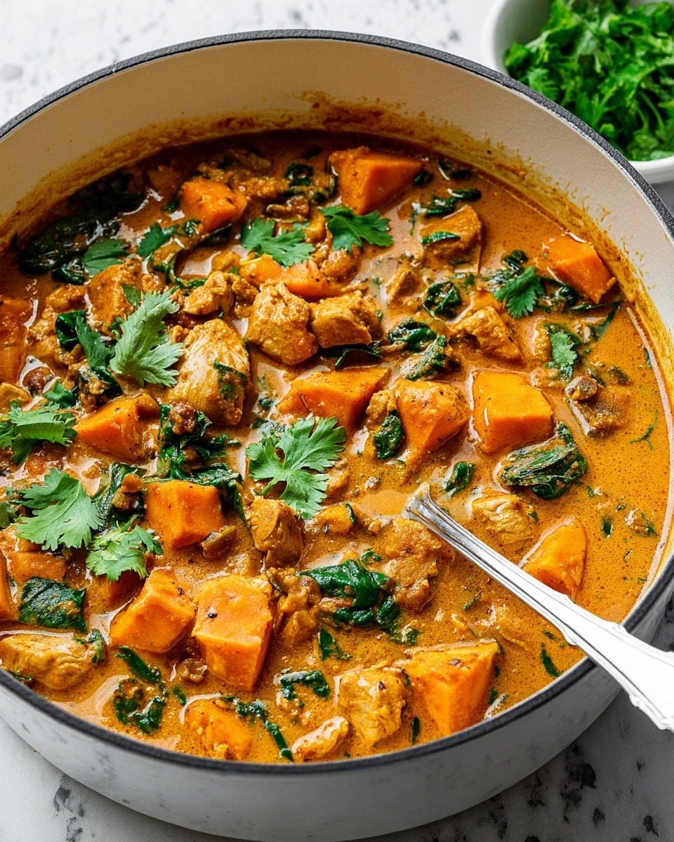 A white pot filled with a rich, creamy orange curry filled with several chunks of orange sweet potato and pieces of cooked chicken, scattered green spinach leaves mixed in, and fresh cilantro leaves on top as garnish. A silver spoon rests inside the pot, slightly submerged in the curry. The background is a white marbled texture with a small white bowl of fresh cilantro partly visible near the top right corner. Photo taken with an iphone --ar 4:5 --v 7