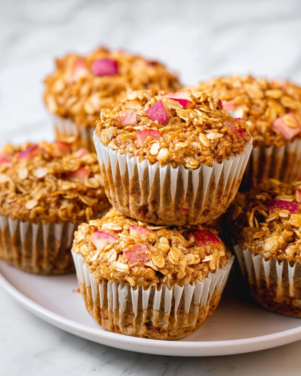 The image shows a close-up of six muffins on a white plate, arranged in a clustered way with some muffins overlapping others. Each muffin has a rough, textured surface made from oats and small pieces of apple on top, showing a mix of light brown, golden, and pinkish-red colors. The muffins sit in white paper liners with visible vertical ridges wrapping around the sides. The background is a white marbled texture that adds a clean, simple look to the photo taken with an iphone --ar 4:5 --v 7