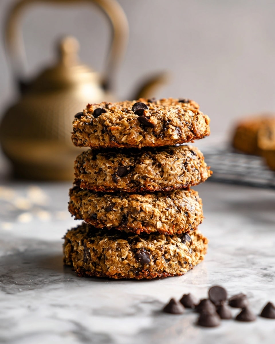 A stack of four thick, round cookies sits on a white marbled surface, each cookie showing a rough texture filled with oats and dark chocolate chips scattered throughout. The cookies have a golden-brown color with some darker toasted spots, and the edges are slightly uneven, highlighting their homemade look. Around the base of the stack, several loose chocolate chips are scattered on the surface. In the background, a blurred metal teapot adds warmth to the scene, and a wire cooling rack is partially visible. Photo taken with an iphone --ar 4:5 --v 7