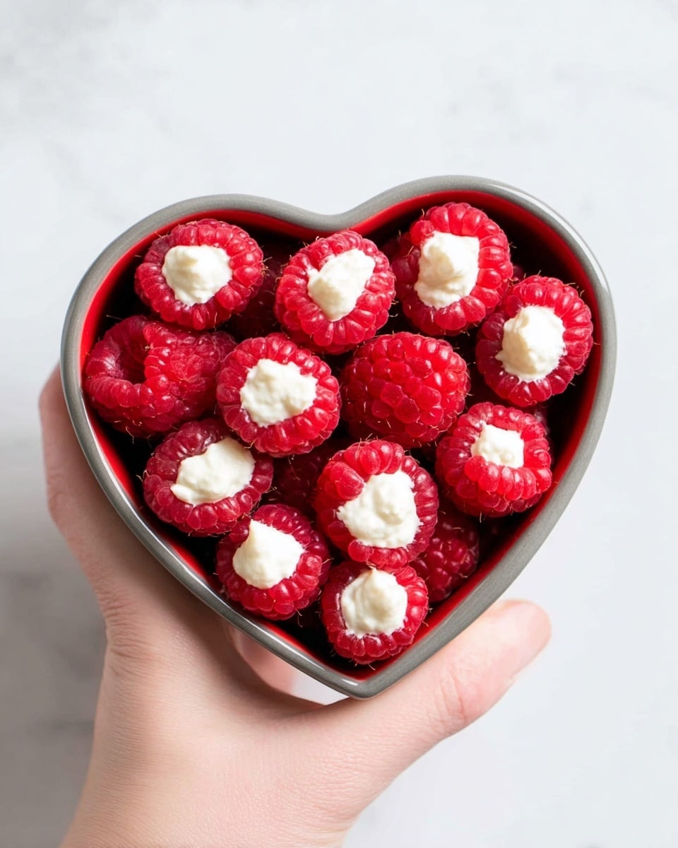 A woman's hand holds a heart-shaped bowl that is gray on the outside and red on the inside, filled with bright red raspberries each topped with a small dollop of smooth white cream. The raspberries are arranged closely together, the texture of their tiny drupelets clearly visible, creating a layered look of red and white contrast inside the bowl. The background is a clean white marbled surface. photo taken with an iphone --ar 4:5 --v 7