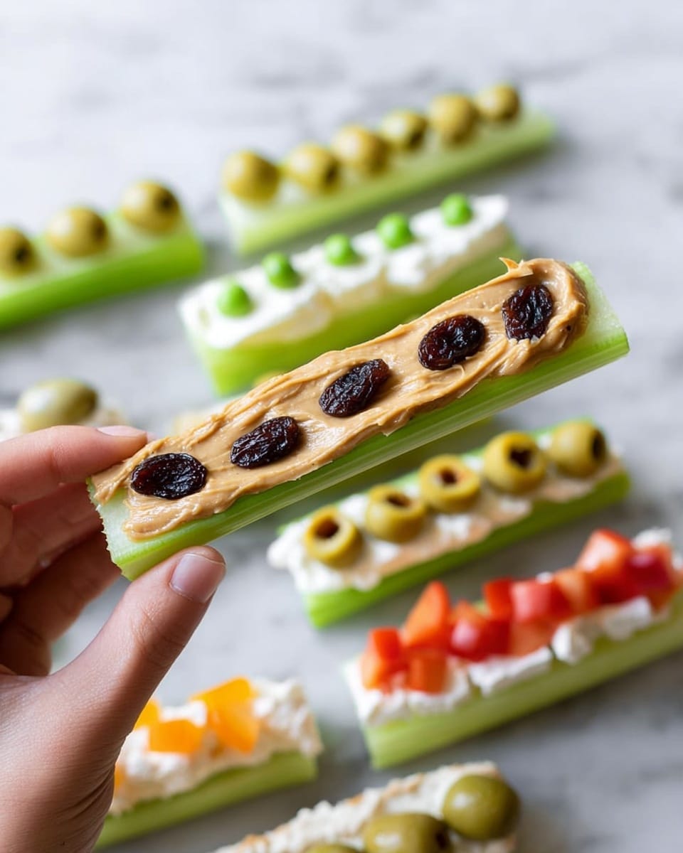 A woman's hand holds a single celery stick filled with a thick layer of light brown peanut butter topped with four large dark raisins evenly spaced along the celery. In the background, on a white marbled surface, multiple celery sticks are laid out in rows, each filled with different toppings: one has white cheese with green peas on top, another has a light beige spread with slices of green and red olives, and another has white cheese with small orange pieces. The celery sticks are all green and crisp, creating a colorful and fresh presentation. photo taken with an iphone --ar 4:5 --v 7
