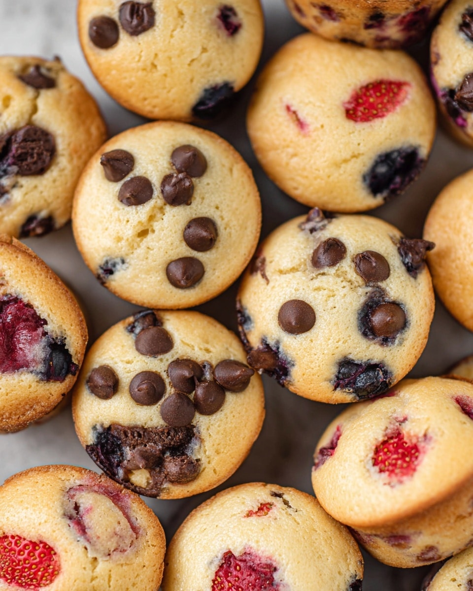 A pile of small muffins fills the frame, each with a light golden top and soft texture. Some muffins have dark brown chocolate chips scattered on the top, creating small, uneven clusters. Others have visible whole blueberries that add dark purple and blue spots, some bursting and leaking slightly into the muffin. A few muffins show pieces of red strawberries poking out near the edges. The muffins are tightly packed together on a white marbled surface, showing slight cracks and dimples on their smooth tops. photo taken with an iphone --ar 4:5 --v 7
