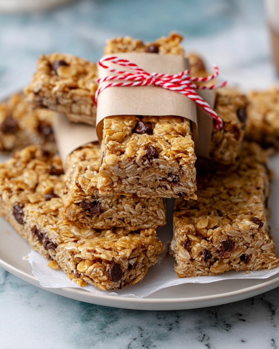 A white rectangular plate filled with about a dozen rectangular oat bars with visible oats and chocolate chips scattered throughout. Two oat bars in the center are wrapped in brown paper and tied with red and white string. A small white bowl filled with chocolate chips sits near the top right corner of the plate. The plate is placed on a white marbled surface next to a folded yellow cloth with white stripes. The photo taken with an iphone --ar 4:5 --v 7