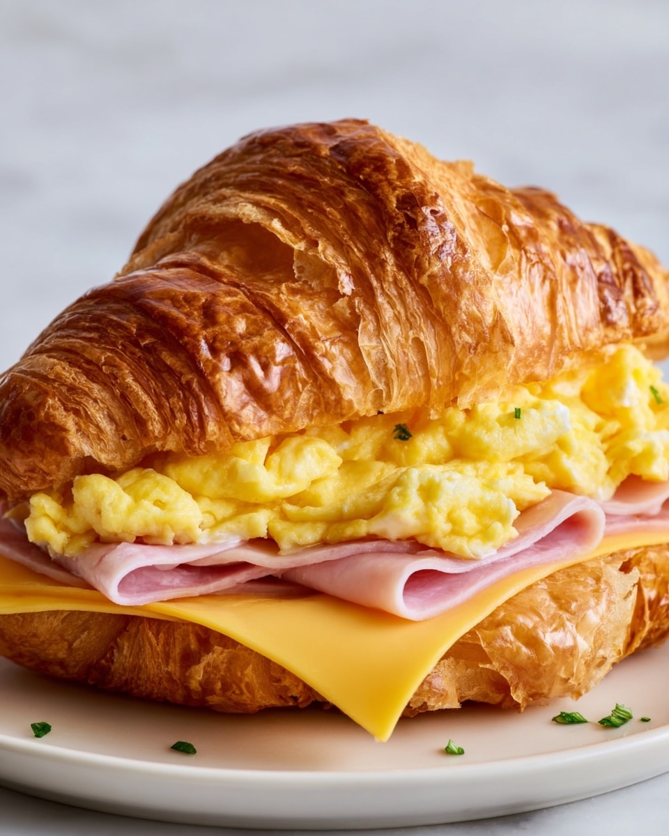 A croissant sandwich is shown on a white plate with a white marbled surface background. The sandwich has three main layers: the top layer is a shiny, golden-brown croissant with a flaky texture, the middle layer consists of fluffy, bright yellow scrambled eggs, and beneath that is a slice of pink ham followed by melted light yellow cheese. The sandwich is slightly open, revealing these layers clearly. Photo taken with an iphone --ar 4:5 --v 7