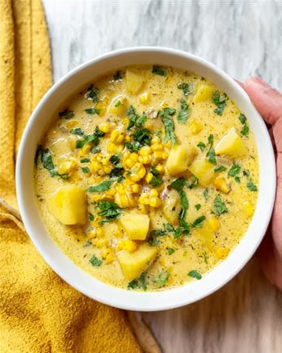A white bowl filled with a creamy yellow soup that has chunks of bright yellow corn and soft yellow potatoes scattered throughout. Small green herb pieces are sprinkled on top, adding a fresh touch. The soup looks smooth with bits of herbs and spices visible in the creamy base. The bowl sits on a white marbled surface, and a woman's hand holds the bowl from the top side. In the background, there is a yellow cloth partially visible. Photo taken with an iphone --ar 4:5 --v 7