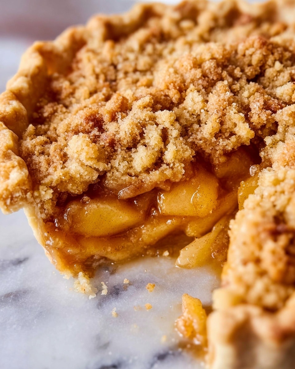 A close-up view of a round apple crumble pie, showing three layers: the bottom layer is a firm, golden-brown crust with a slightly scalloped edge, the middle layer is filled with warm, soft apple slices coated in a glossy caramel-like sauce, and the top layer is a crumbly mix of small, golden-brown streusel pieces sprinkled unevenly. The pie sits on a white marbled surface, with part of the crust and filling exposed by a missing slice. The texture of the crumble contrasts with the smooth, gooey look of the apple filling. Photo taken with an iphone --ar 4:5 --v 7