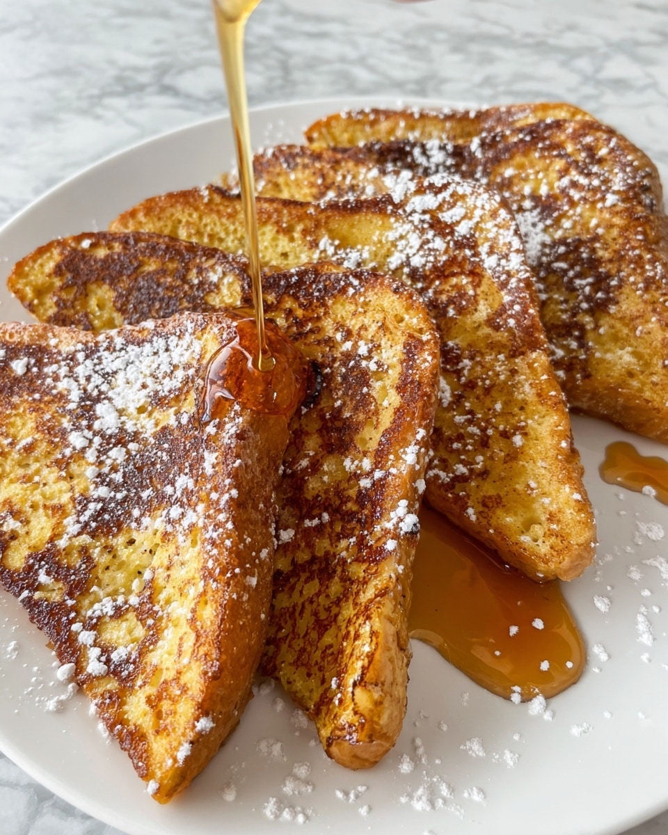 A white plate holds five slices of golden brown French toast arranged in a fan shape, each slice showing a slightly crispy and unevenly browned surface. The toast is dusted with white powdered sugar scattered across the edges and middle of each slice. In the center, amber syrup is being poured, pooling slightly on the toast and the plate, creating a shiny, sticky texture on the toast surface. The background has a white marbled texture. Photo taken with an iphone --ar 4:5 --v 7
