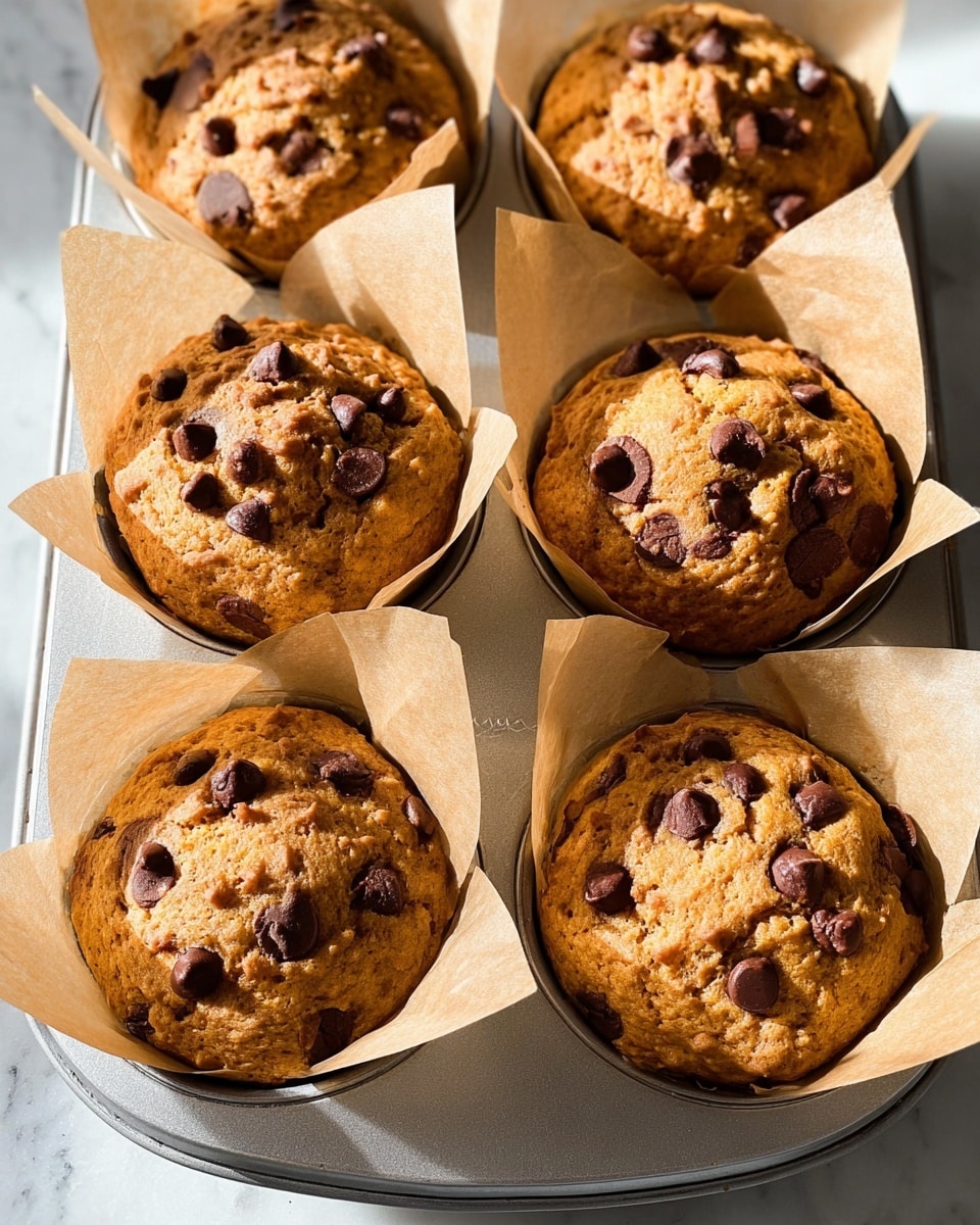 The image shows six golden brown muffins in a silver metal muffin tray, each wrapped with crinkled parchment paper that folds outward from the muffins. The tops of the muffins are slightly rough with large, dark brown chocolate chips scattered on each. The muffins are large, soft, and have a slightly cracked texture on top, with some chocolate chips partially melted into the surface. The tray is placed on a white marbled surface, and warm light highlights the warm tones of the muffins. photo taken with an iphone --ar 4:5 --v 7