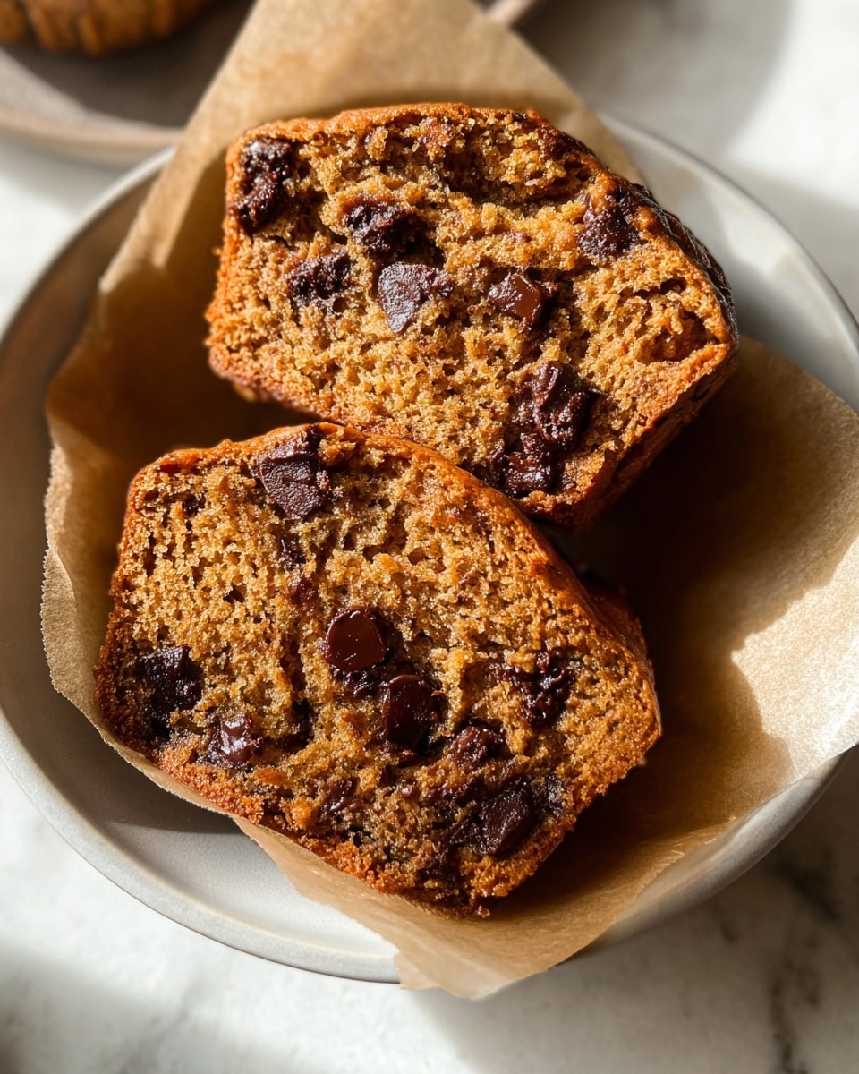 The image shows a warm, soft muffin split in two halves, resting on light brown parchment paper inside a white bowl. The muffin has a golden-brown color with a slightly moist texture, dotted with dark, melted chocolate chips scattered inside each half. The fond pieces add a rich contrast to the warm brown crumb. The bowl sits on a white marbled surface with soft natural light highlighting the muffin's texture, emphasizing its fluffiness and chocolatey spots in a close-up view. Photo taken with an iphone --ar 4:5 --v 7