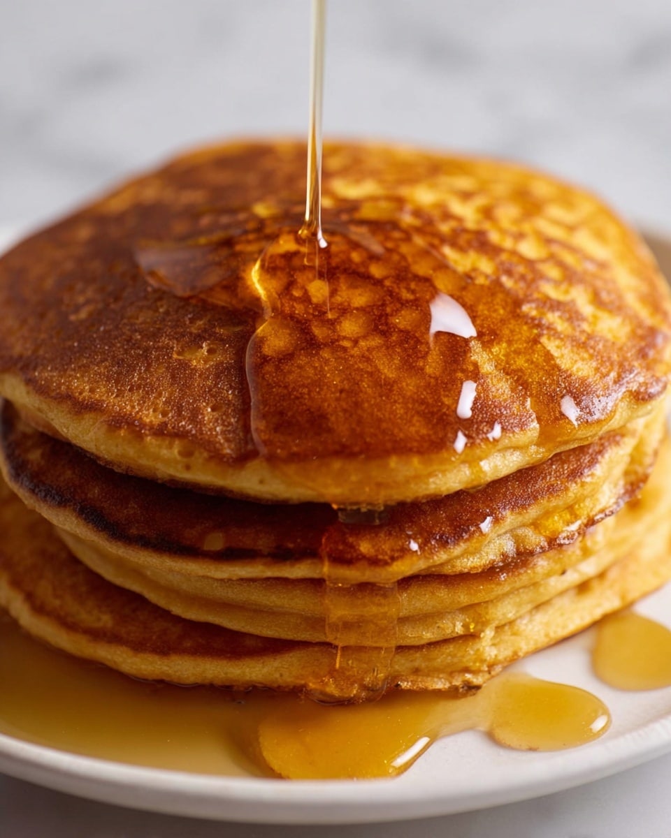 A close-up view of a stack of four golden-brown pancakes with a slightly crisp texture on the edges, layered evenly on a white plate with gentle curves. Honey is being poured from above, forming a thin line that flows down the top pancake, pooling slightly before dripping off the sides and onto the plate, creating a shiny, sticky layer. The pancakes have a warm, inviting color with small bubbles and smooth surfaces, set against a soft, white marbled background. photo taken with an iphone --ar 4:5 --v 7